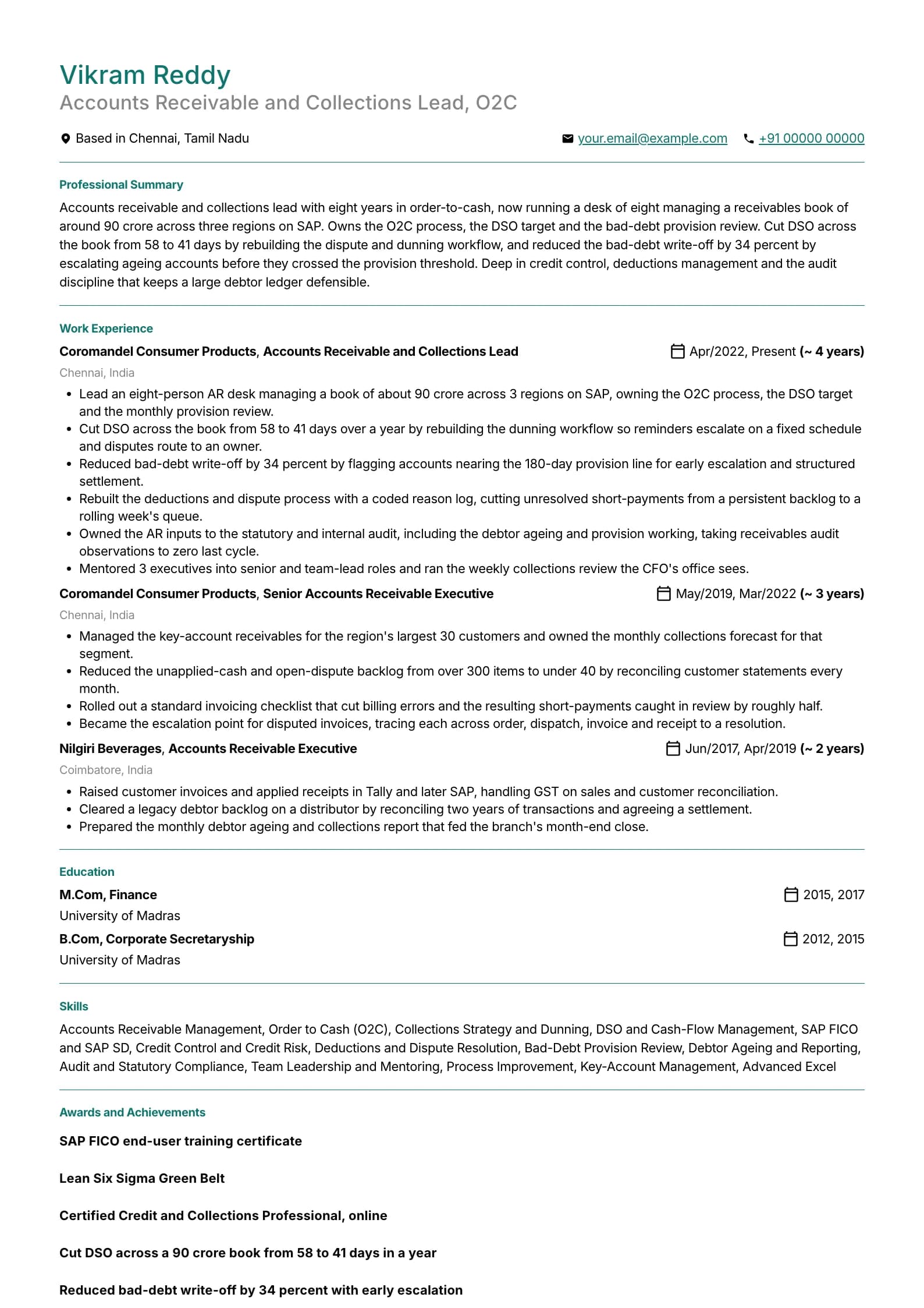 Accounts Receivable resume example for Collections Lead (8 years), professional template, showing professional summary, work experience, skills, education and certifications