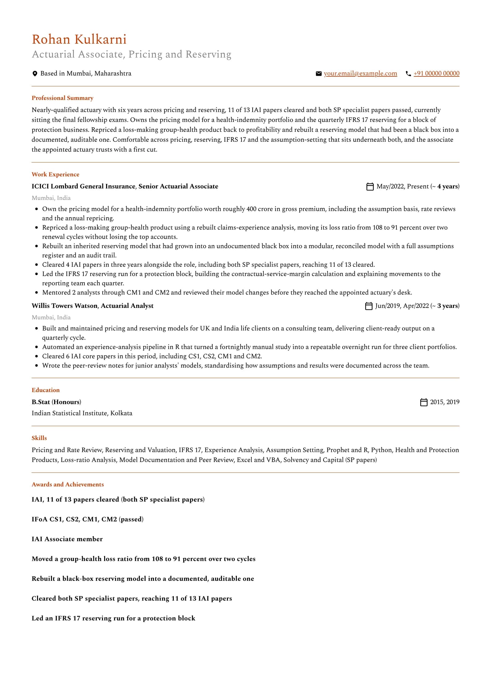 Actuary resume example for Nearly Qualified (6 years, 11 exams), professional template, showing professional summary, work experience, skills, education and certifications