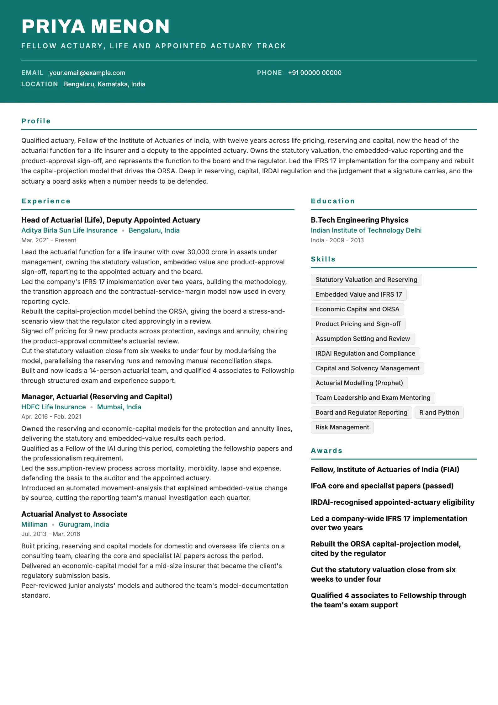 Actuary resume example for Qualified Actuary (12 years, FIAI), header-band template, showing professional summary, work experience, skills, education and certifications