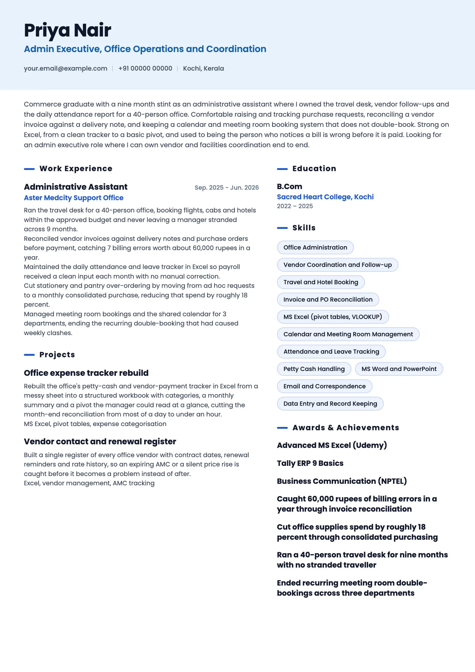 Admin Executive resume example for Fresher (0 to 1 years), ai-era template, showing professional summary, work experience, projects, skills, education and certifications