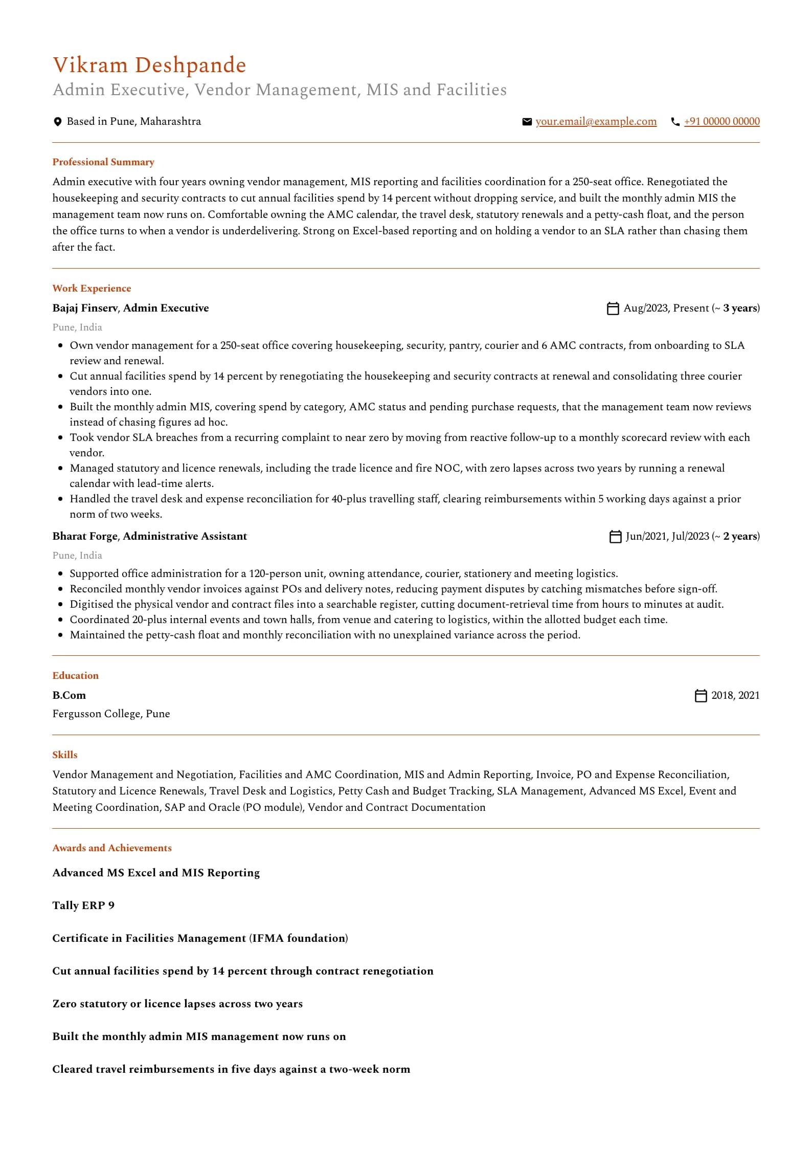 Admin Executive resume example for Mid-level (4 years), professional template, showing professional summary, work experience, skills, education and certifications
