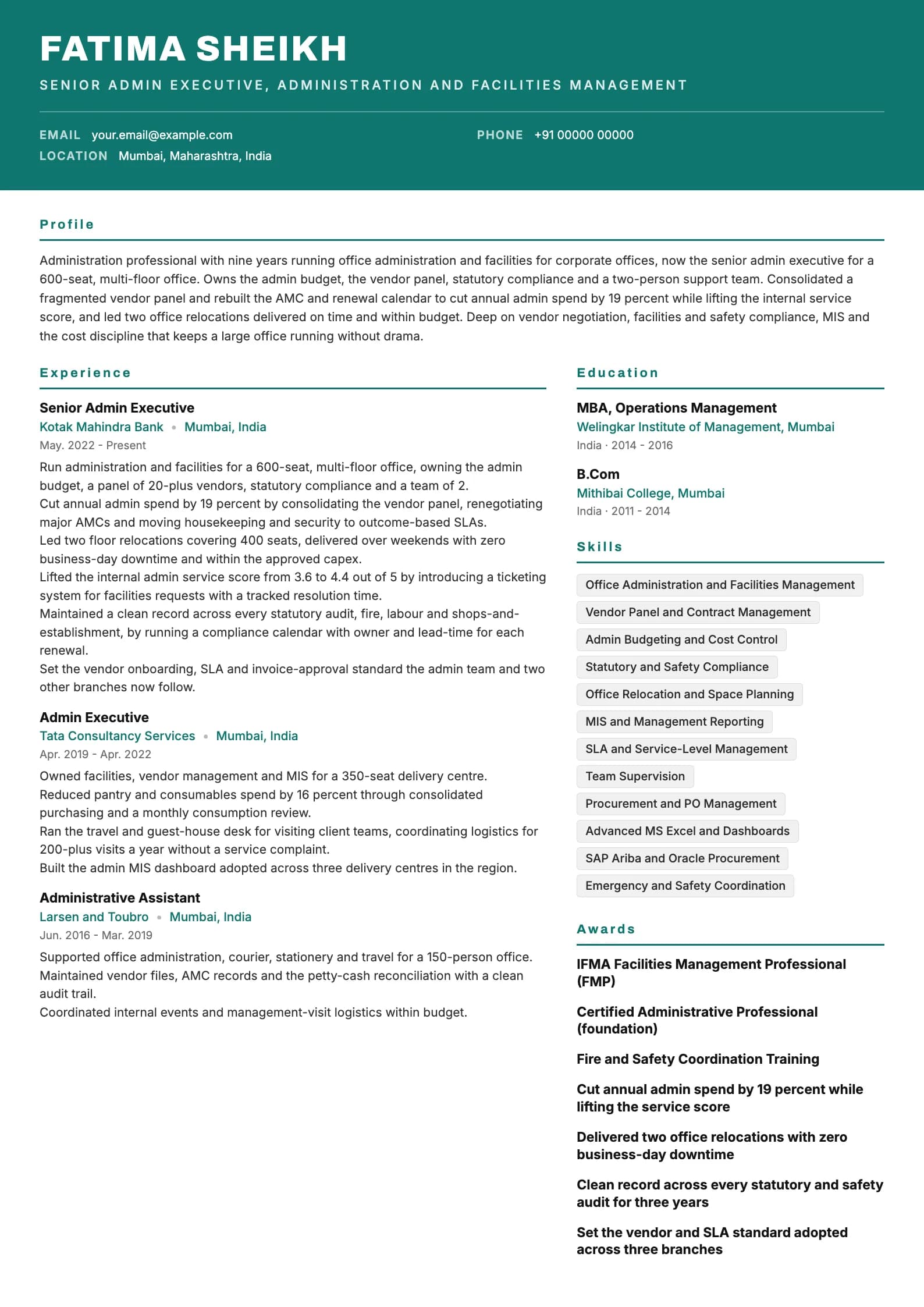 Admin Executive resume example for Senior (9 years), header-band template, showing professional summary, work experience, skills, education and certifications