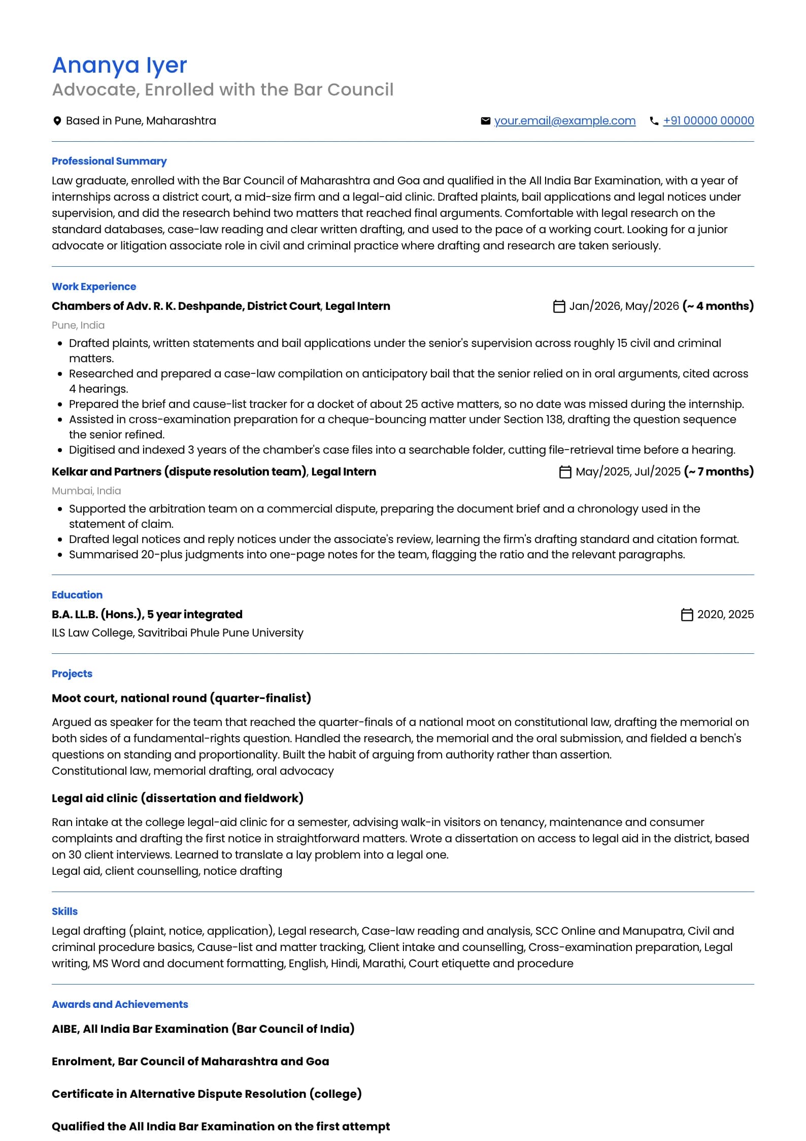 Advocate resume example for Fresher (0 years), professional template, showing professional summary, work experience, projects, skills, education and certifications