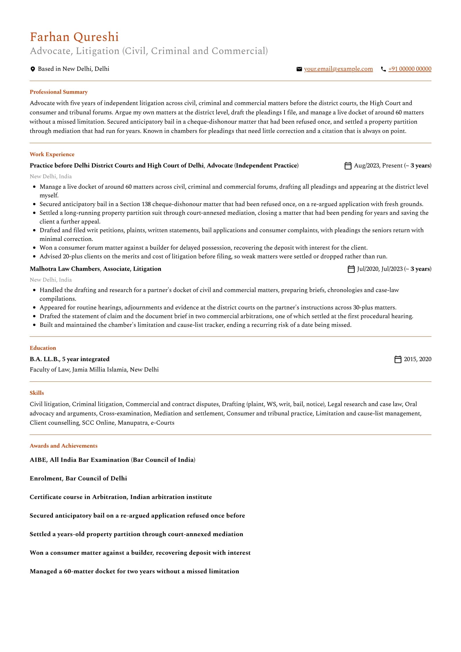 Advocate resume example for Litigation Associate (5 years), minimalist template, showing professional summary, work experience, skills, education and certifications