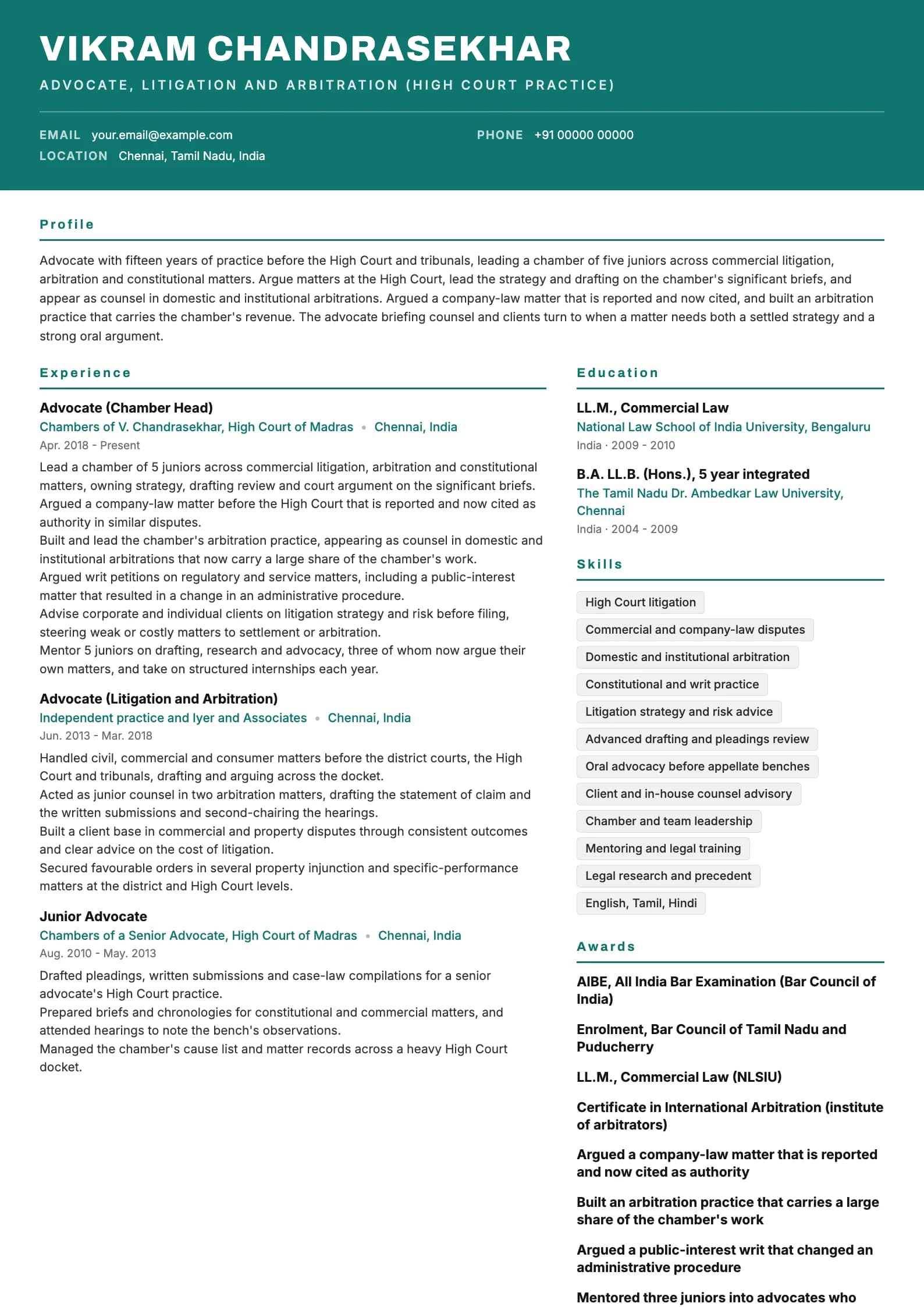 Advocate resume example for Senior Advocate (15 years), header-band template, showing professional summary, work experience, skills, education and certifications
