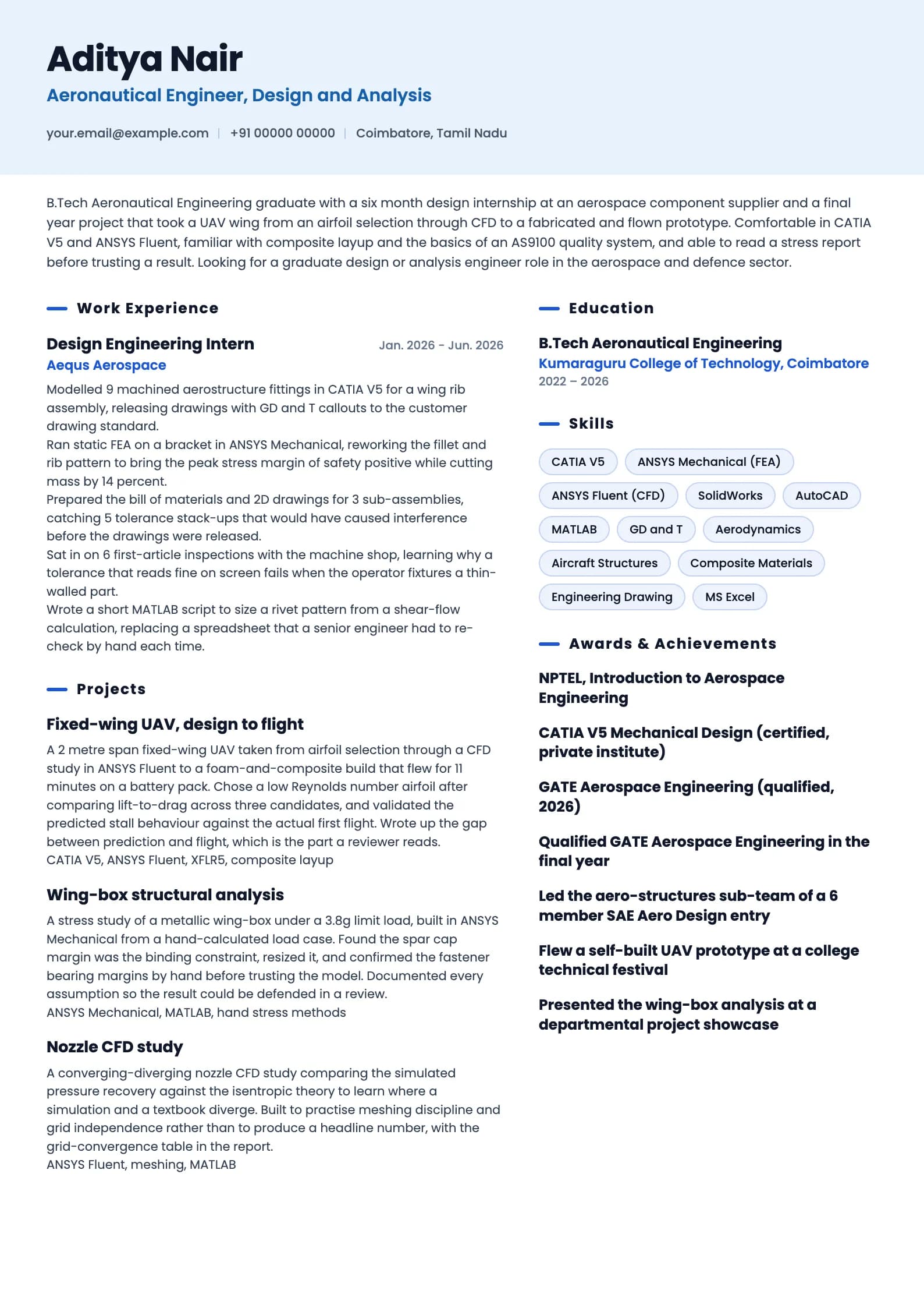 Aeronautical Engineer resume example for Fresher (0 years), ai-era template, showing professional summary, work experience, projects, skills, education and certifications