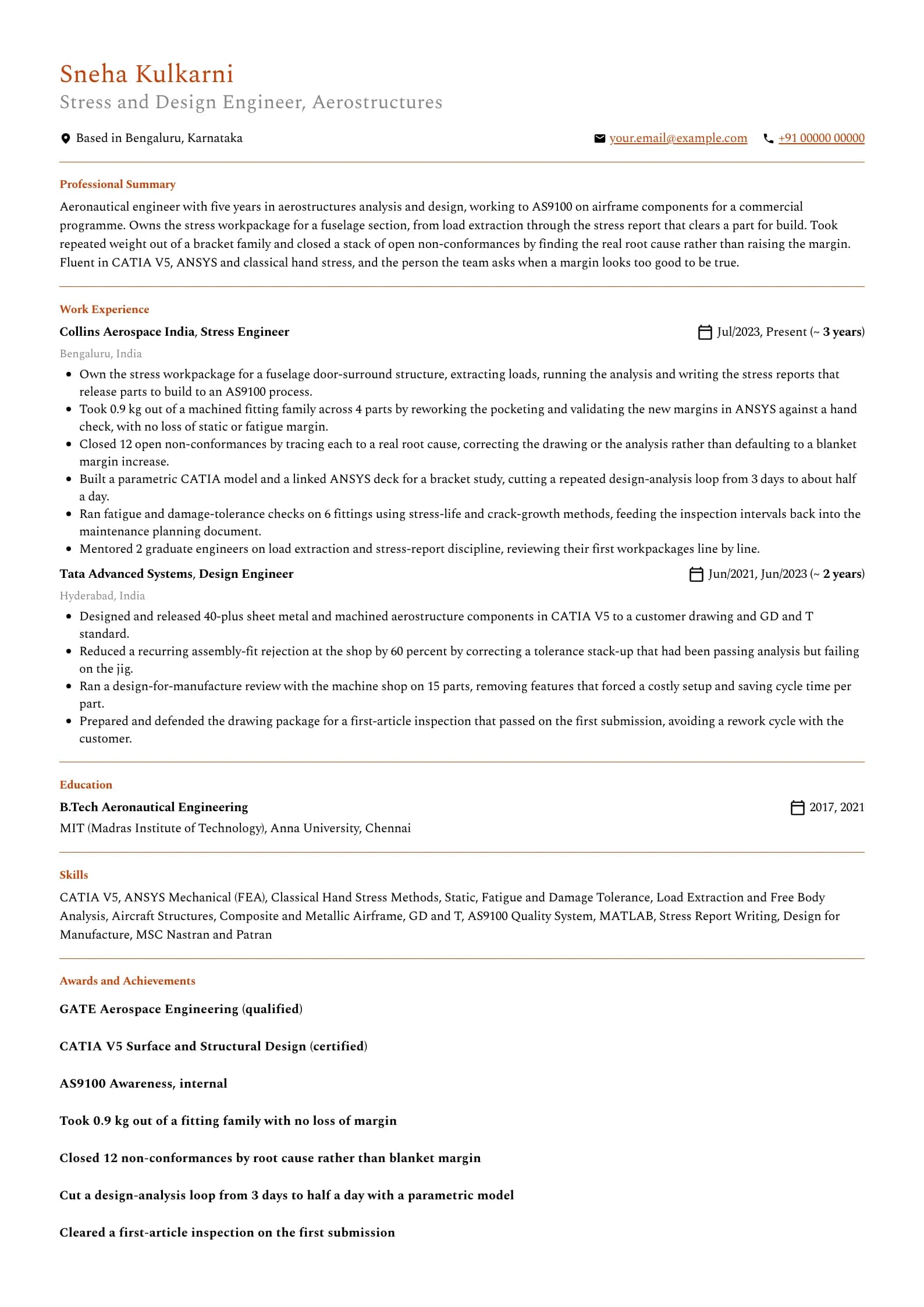 Aeronautical Engineer resume example for Mid-level (5 years), professional template, showing professional summary, work experience, skills, education and certifications