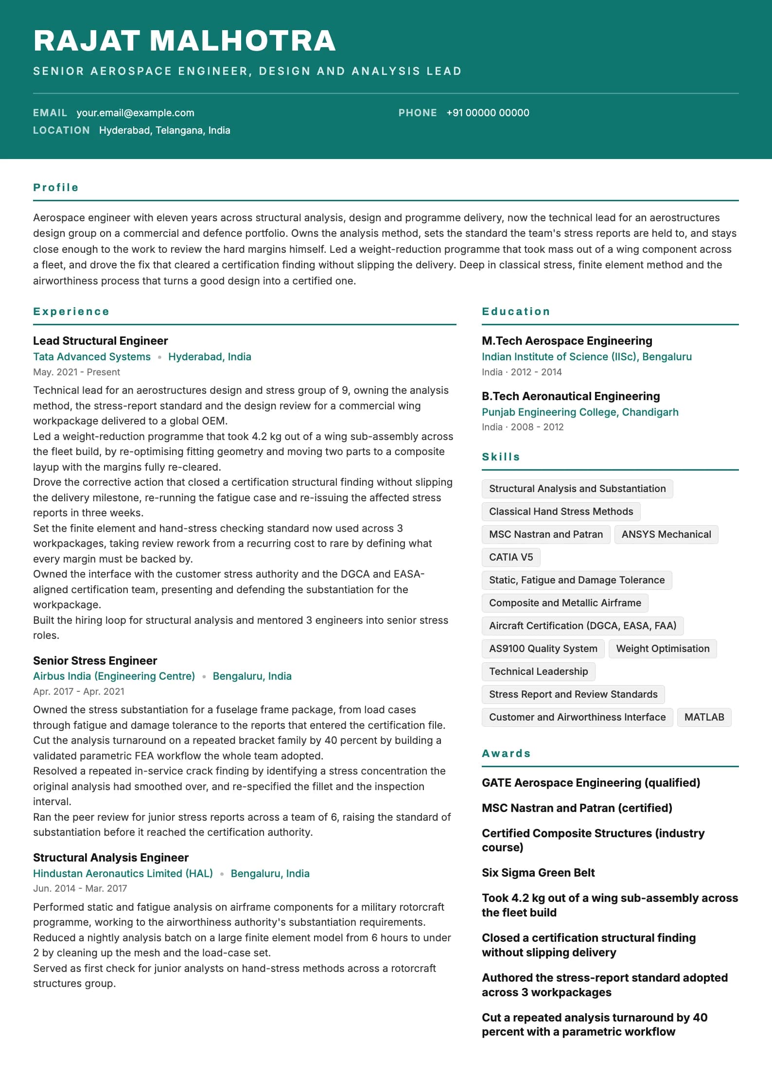 Aeronautical Engineer resume example for Senior (11 years), header-band template, showing professional summary, work experience, skills, education and certifications