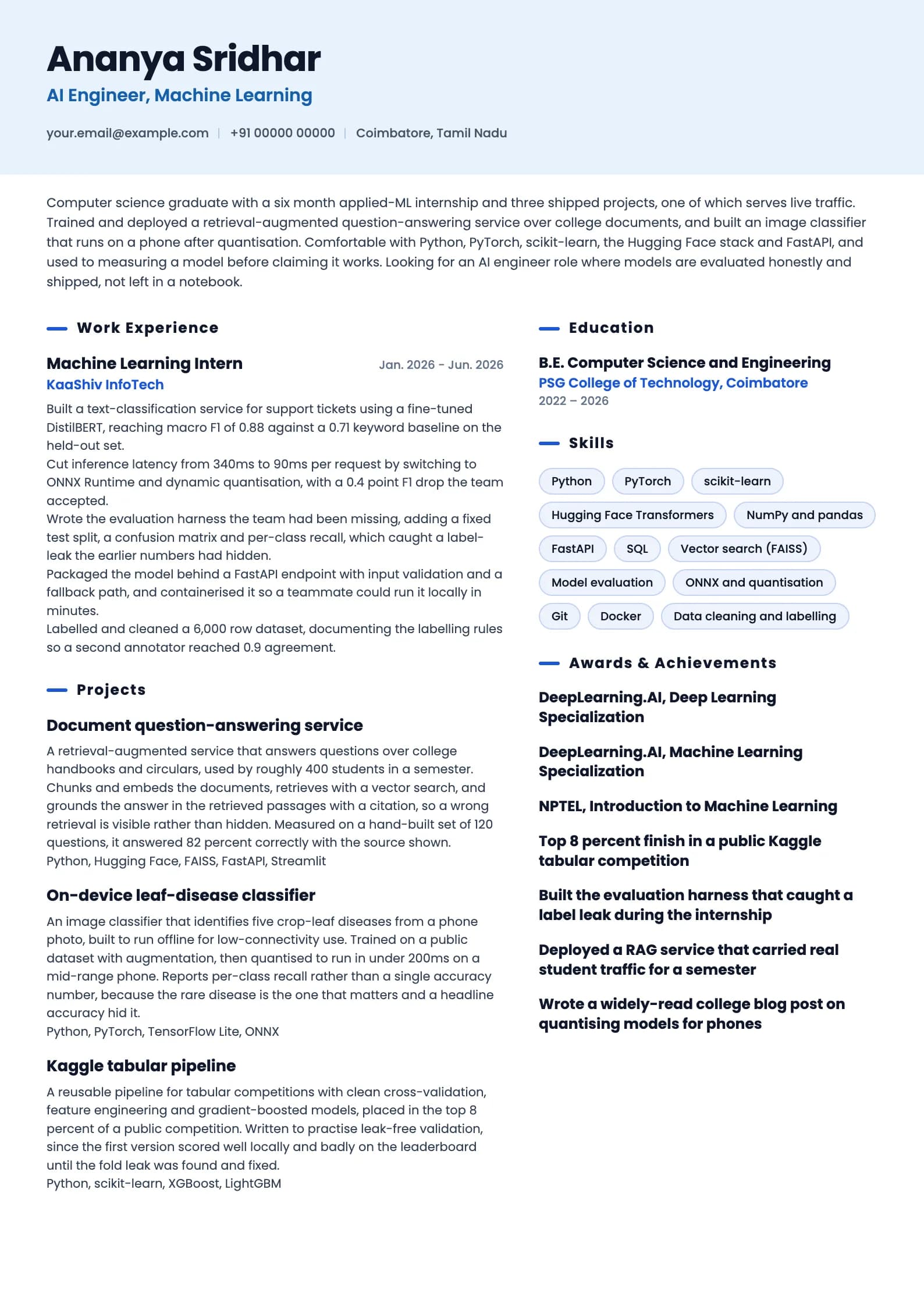 AI Engineer resume example for Fresher (0 years), ai-era template, showing professional summary, work experience, projects, skills, education and certifications