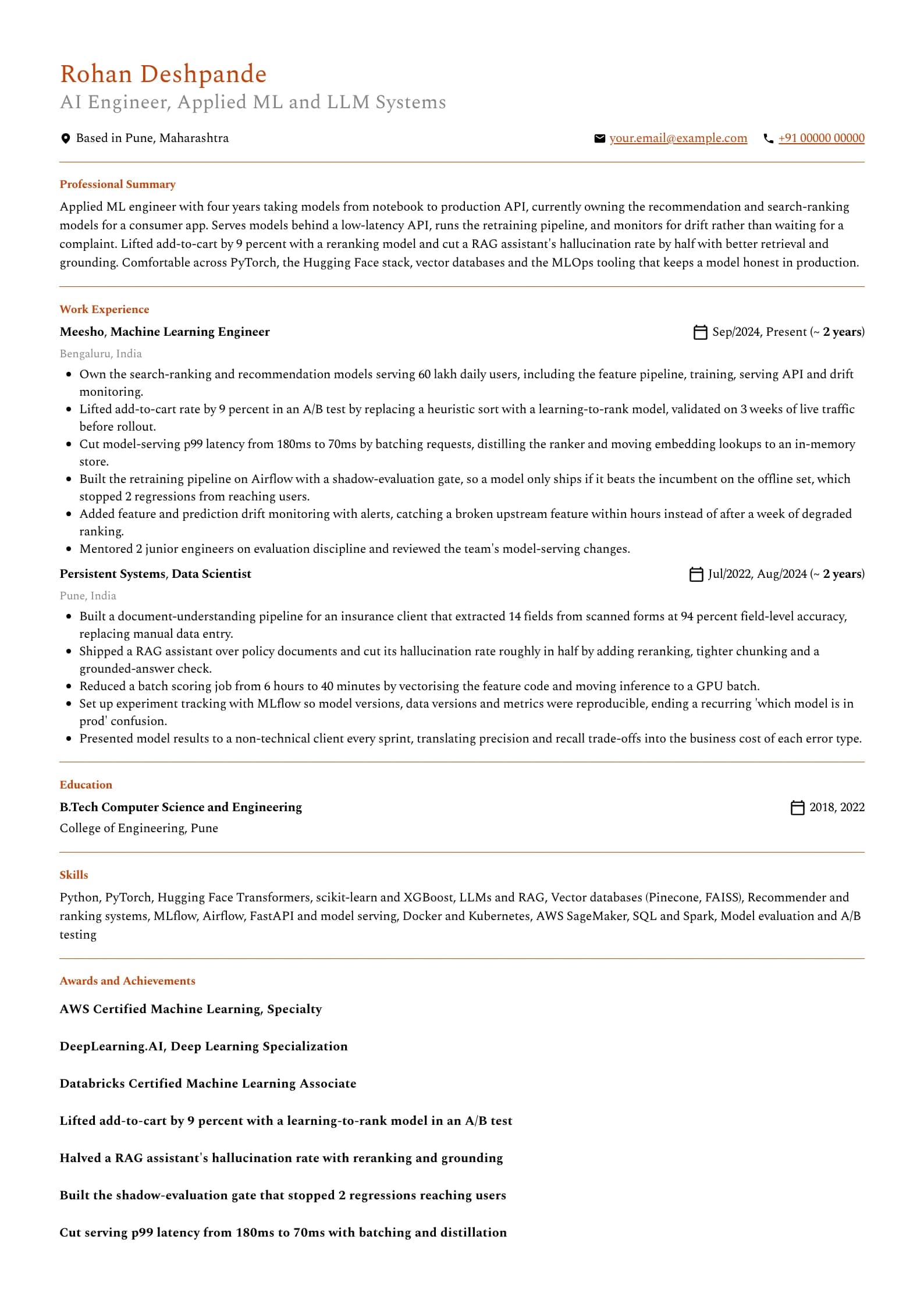 AI Engineer resume example for Mid-level (4 years), professional template, showing professional summary, work experience, skills, education and certifications