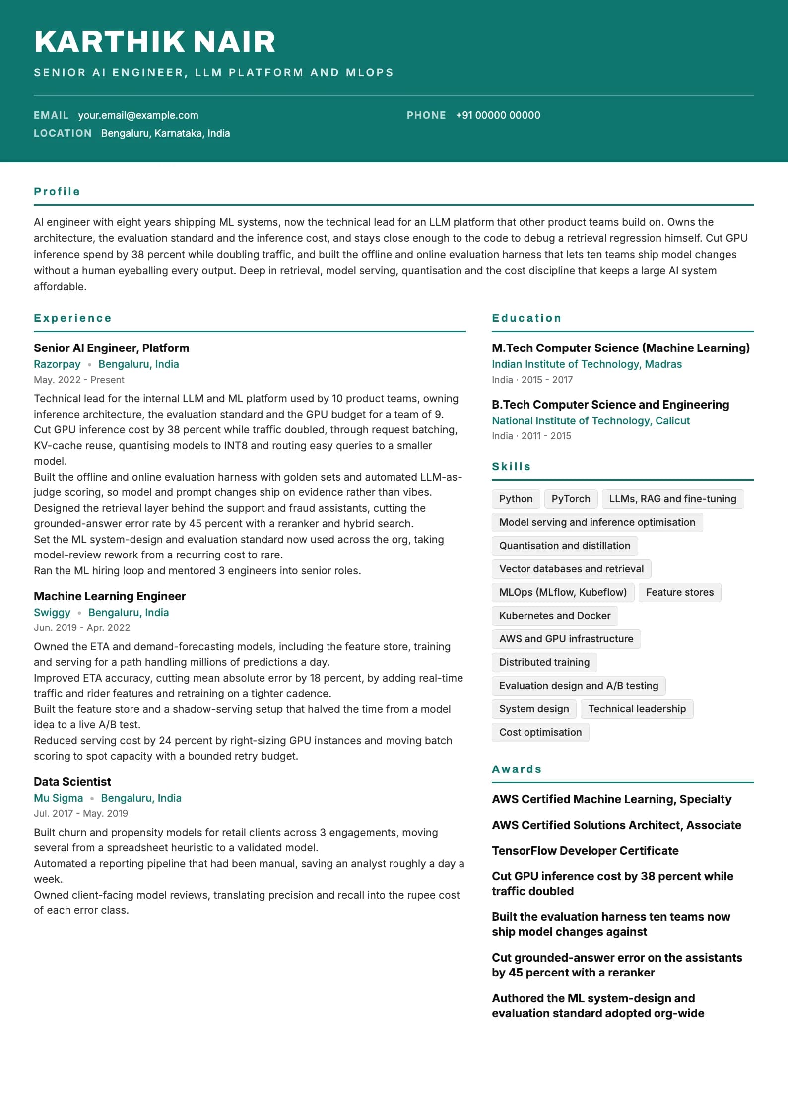 AI Engineer resume example for Senior (8 years), header-band template, showing professional summary, work experience, skills, education and certifications