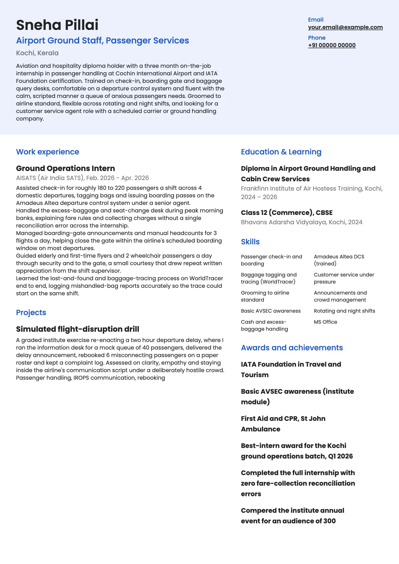 Airport Ground Staff resume example for Fresher (0 years), modern template, showing professional summary, work experience, projects, skills, education and certifications