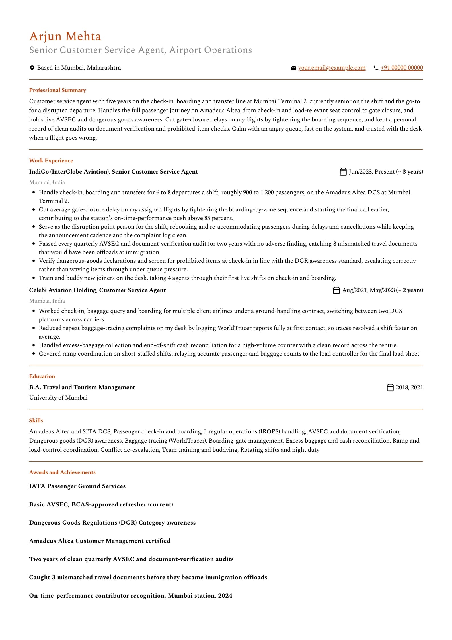 Airport Ground Staff resume example for Experienced (5 years), professional template, showing professional summary, work experience, skills, education and certifications