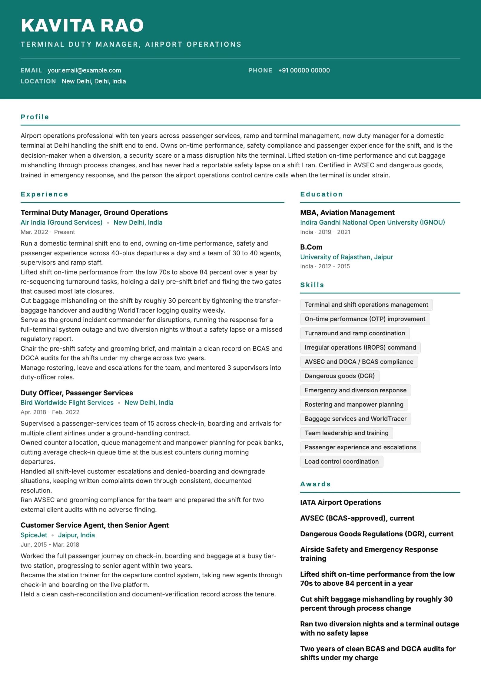 Airport Ground Staff resume example for Duty Manager (10 years), header-band template, showing professional summary, work experience, skills, education and certifications
