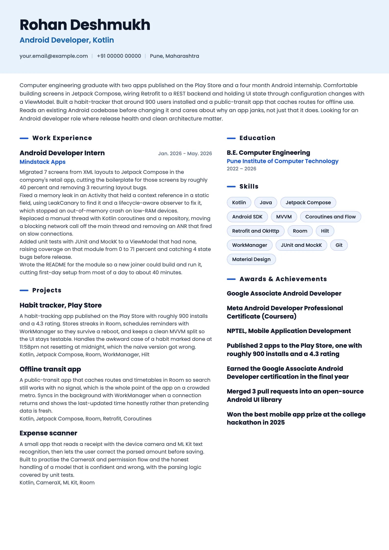 Android Developer resume example for Fresher (0 years), ai-era template, showing professional summary, work experience, projects, skills, education and certifications