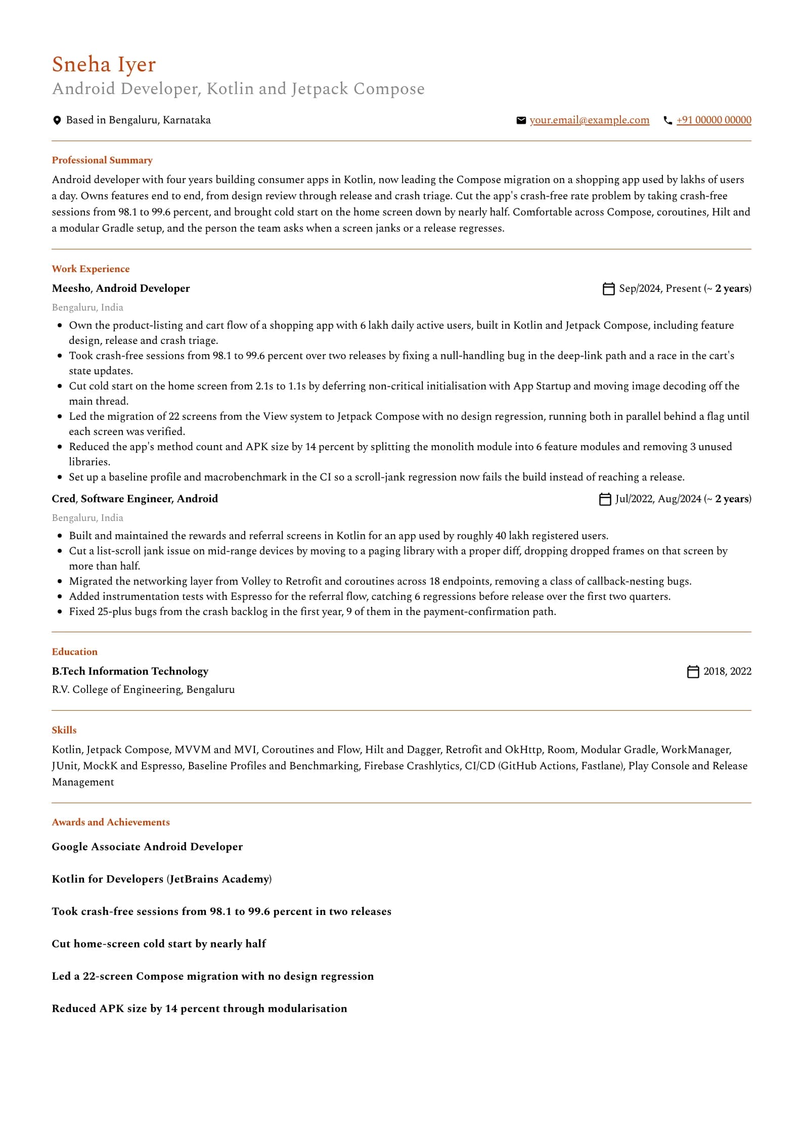 Android Developer resume example for Mid-level (4 years), professional template, showing professional summary, work experience, skills, education and certifications