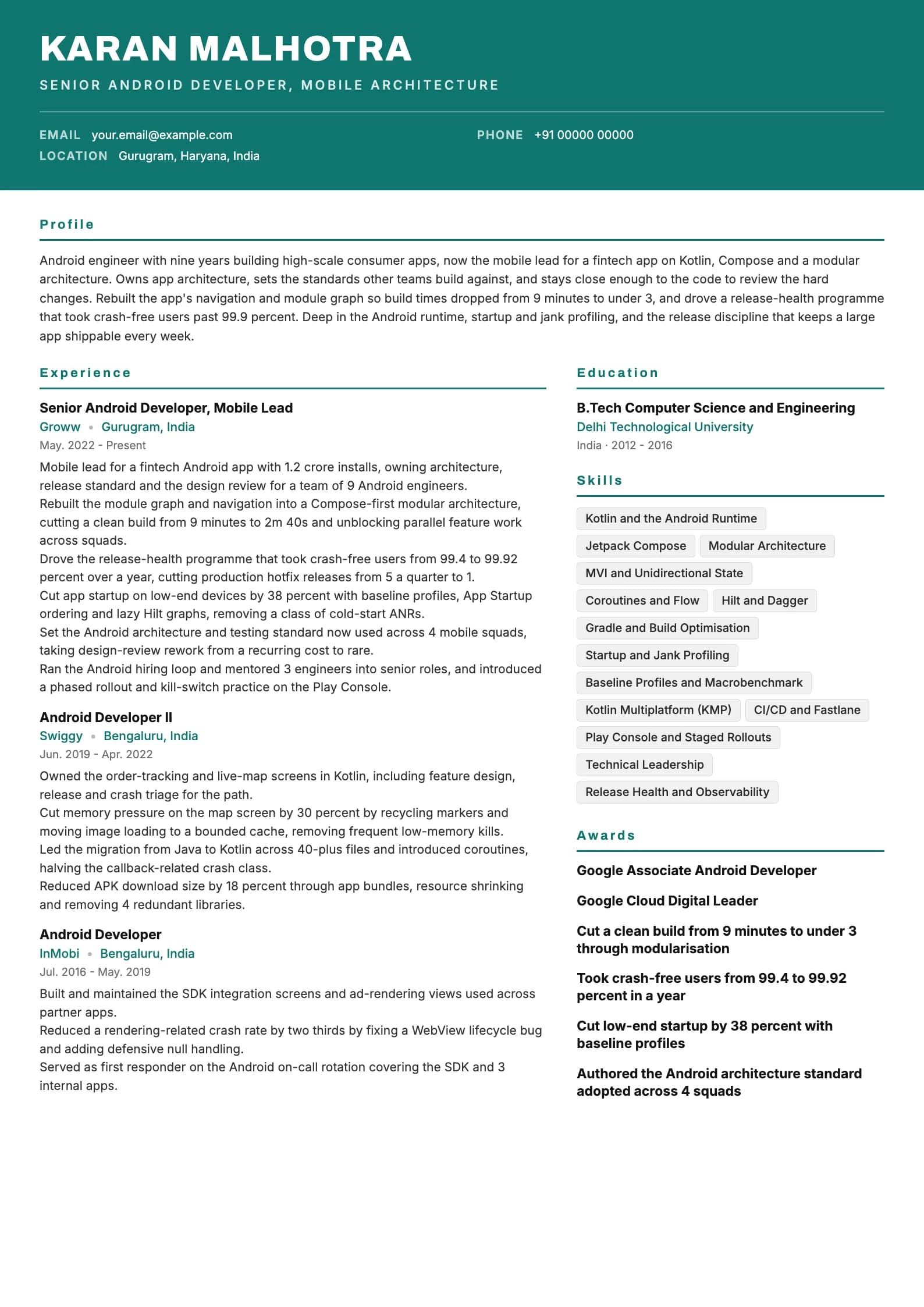 Android Developer resume example for Senior (9 years), header-band template, showing professional summary, work experience, skills, education and certifications