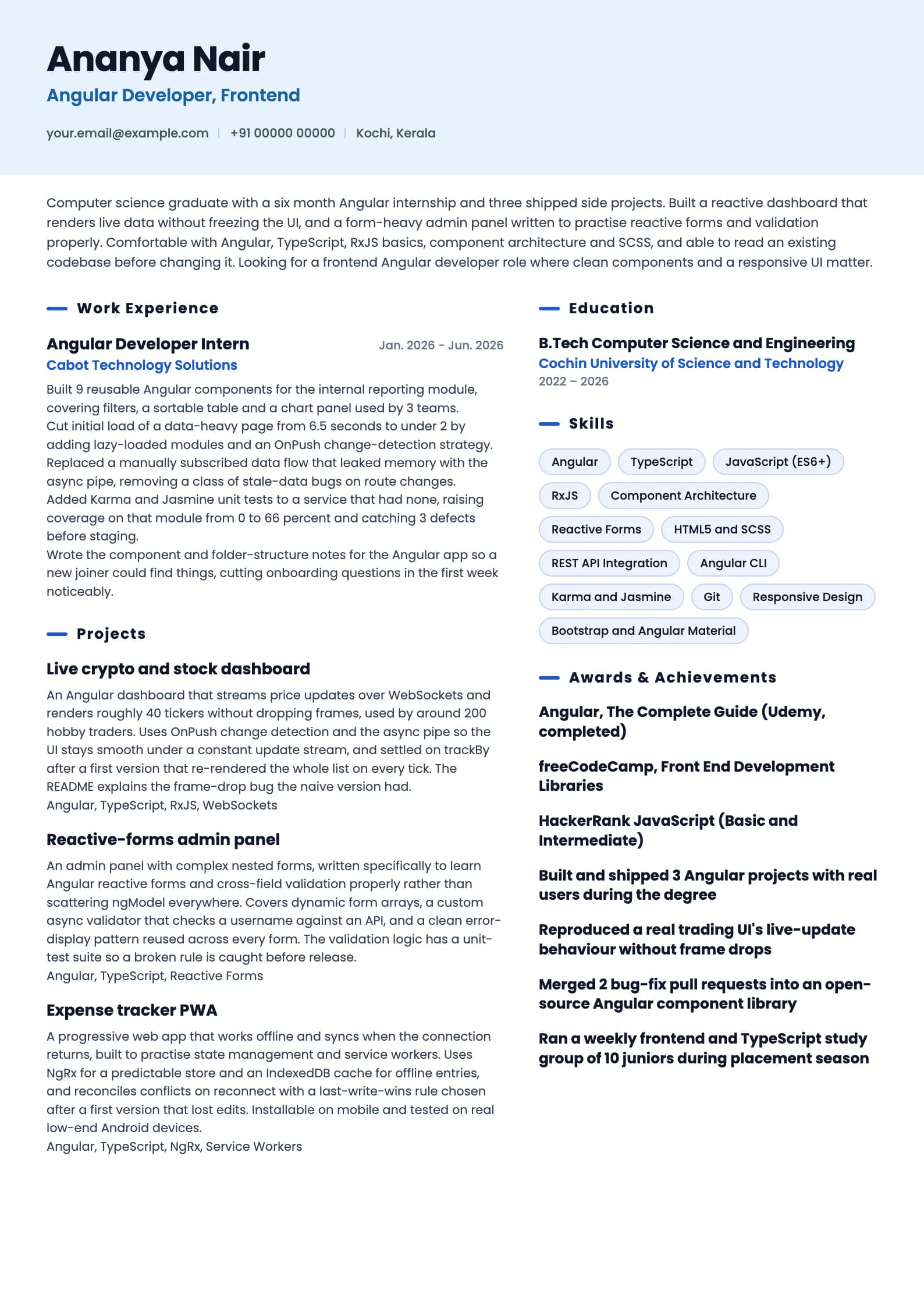 Angular Developer resume example for Fresher (0 years), ai-era template, showing professional summary, work experience, projects, skills, education and certifications