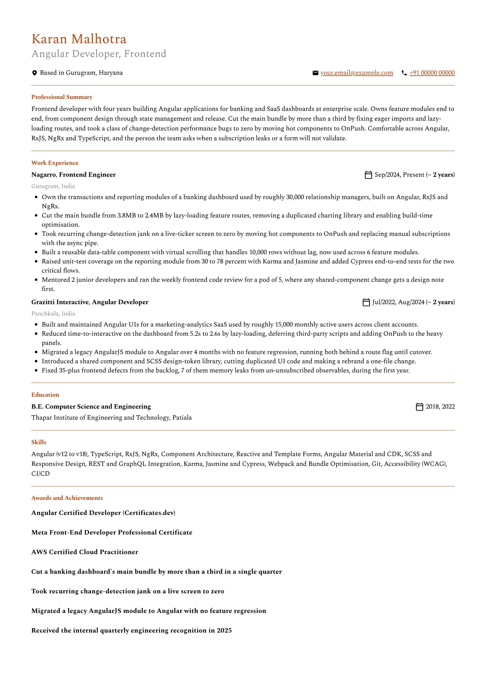 Angular Developer resume example for Mid-level (4 years), professional template, showing professional summary, work experience, skills, education and certifications
