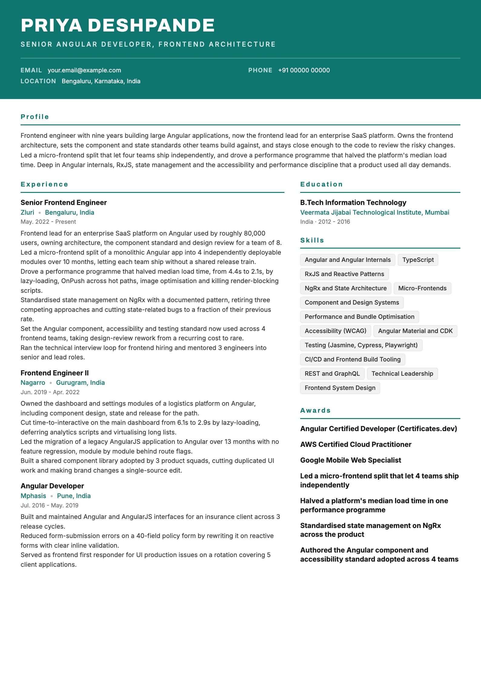 Angular Developer resume example for Senior (9 years), header-band template, showing professional summary, work experience, skills, education and certifications