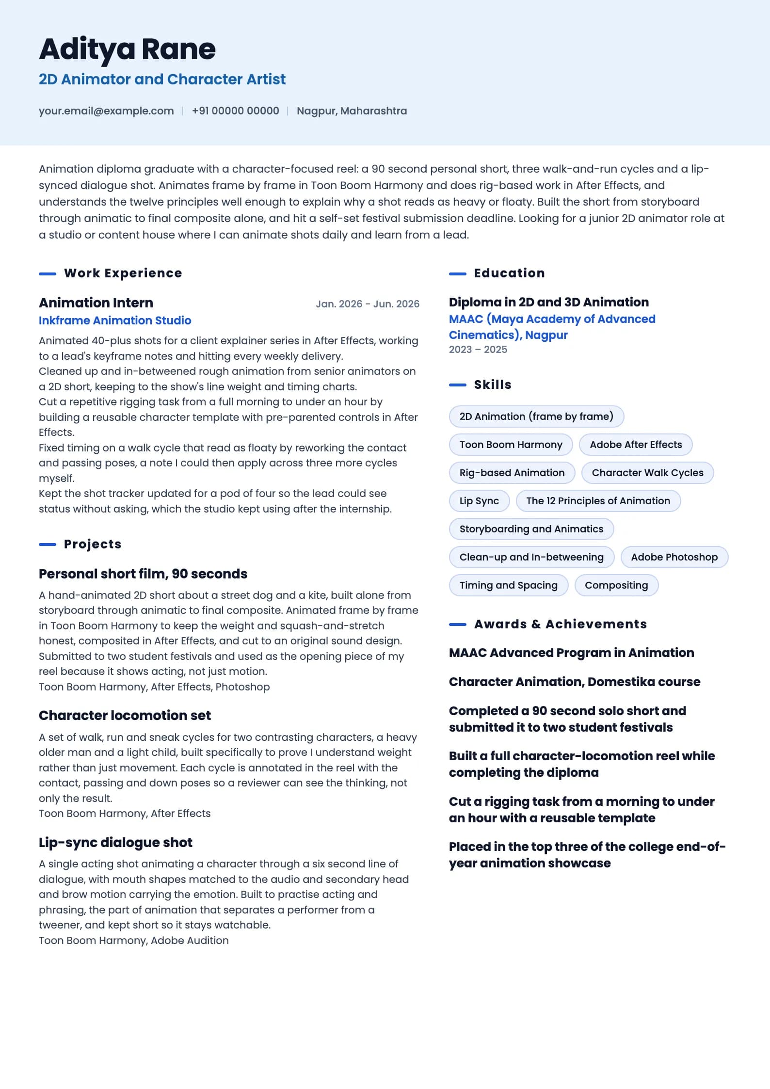 Animator resume example for Fresher (0 to 1 year), ai-era template, showing professional summary, work experience, projects, skills, education and certifications