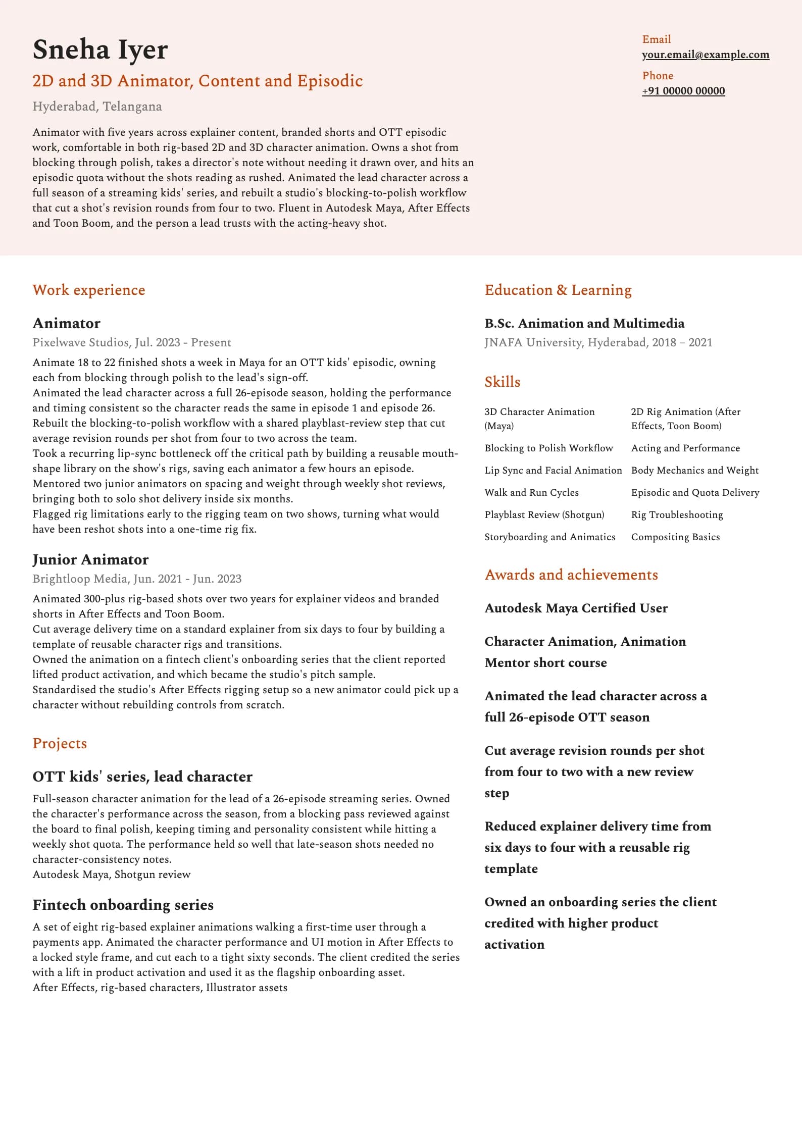 Animator resume example for Mid-level (5 years), modern template, showing professional summary, work experience, projects, skills, education and certifications