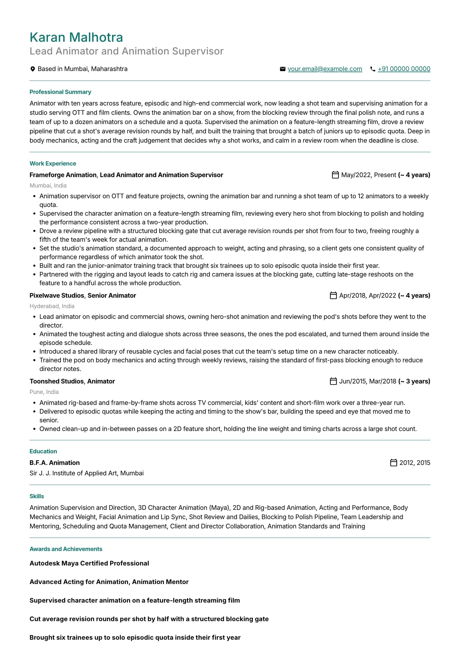 Animator resume example for Senior (10 years), minimalist template, showing professional summary, work experience, skills, education and certifications