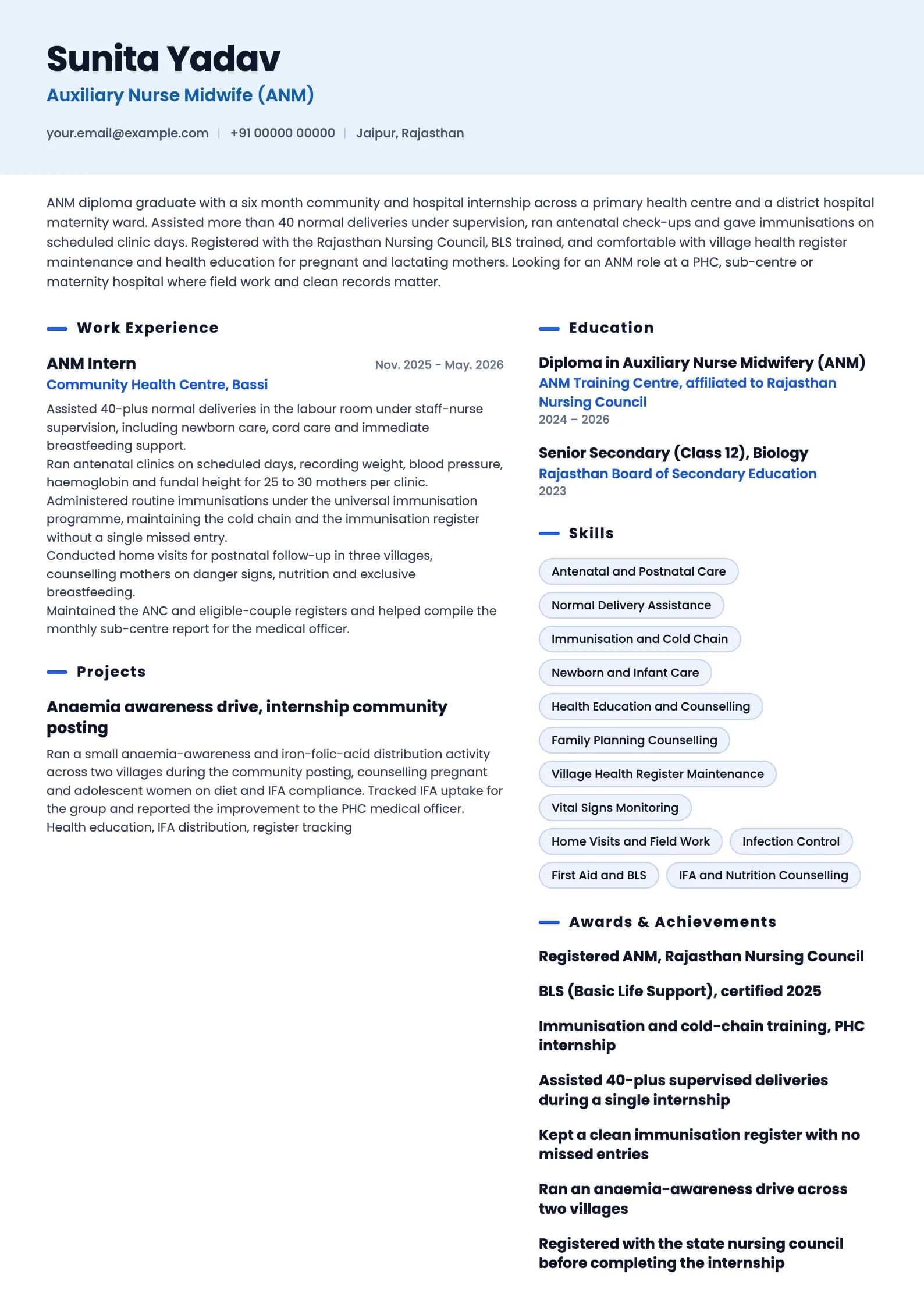 ANM Nurse resume example for Fresher (0 years), ai-era template, showing professional summary, work experience, projects, skills, education and certifications