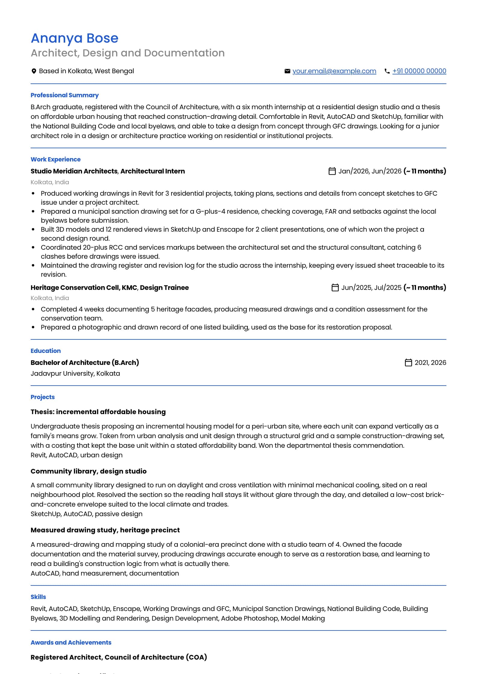 Architect resume example for Fresher (0 years), professional template, showing professional summary, work experience, projects, skills, education and certifications