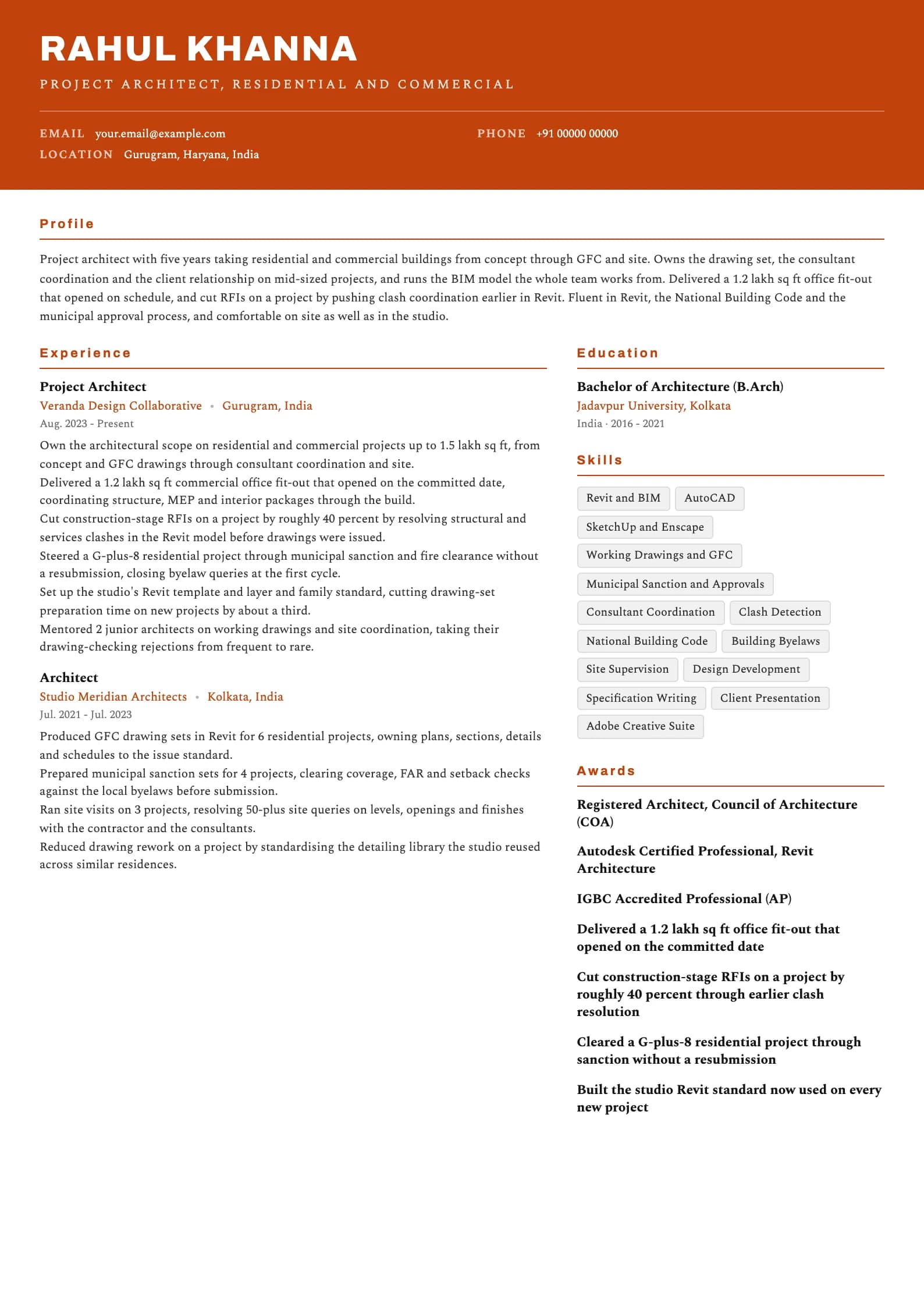 Architect resume example for Mid-level (5 years), header-band template, showing professional summary, work experience, skills, education and certifications