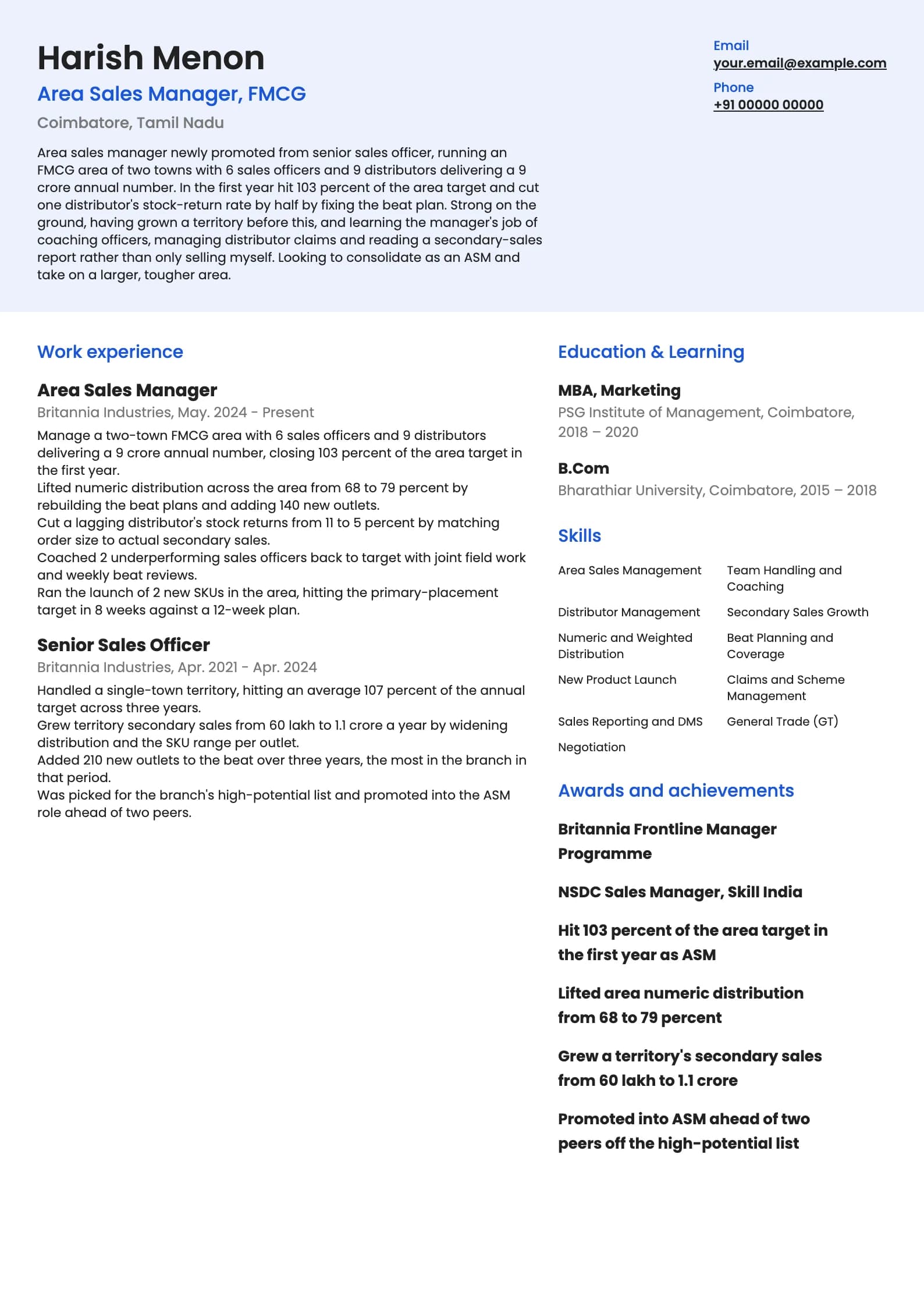 Area Sales Manager resume example for Newly promoted ASM (5 years), modern template, showing professional summary, work experience, skills, education and certifications