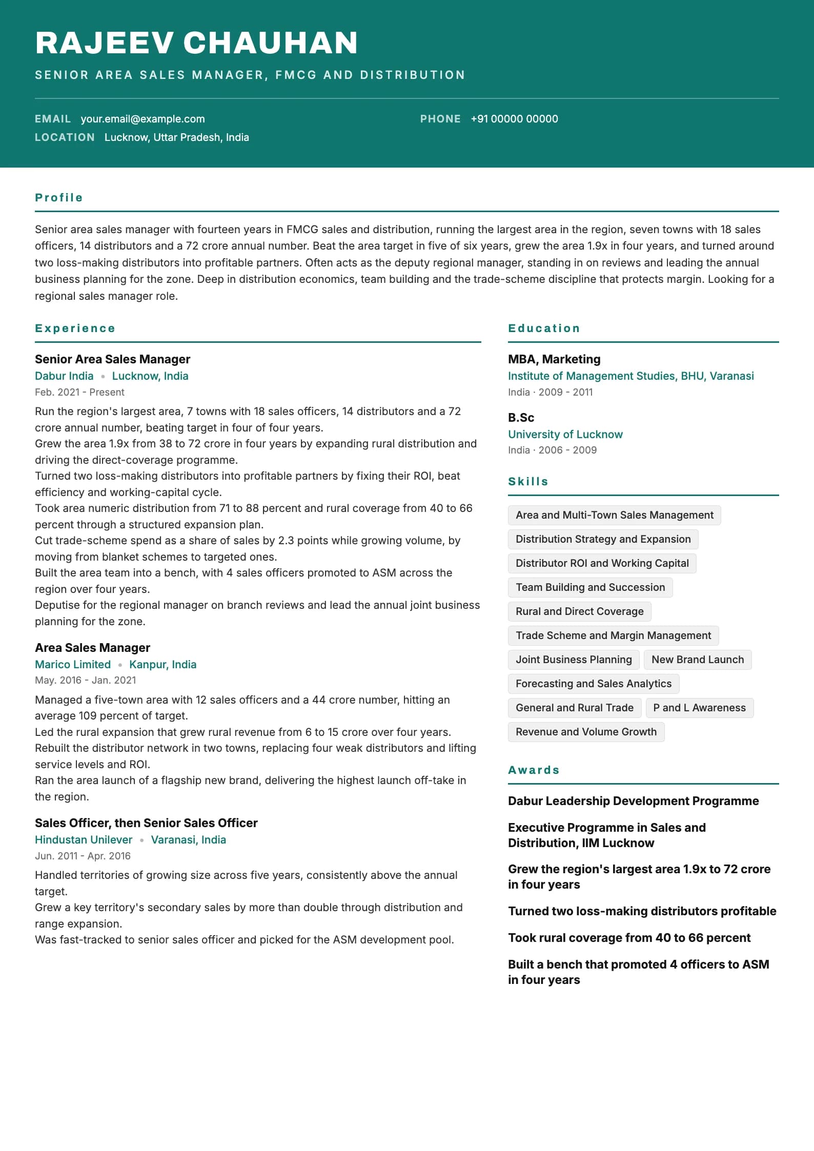 Area Sales Manager resume example for Senior ASM (14 years), header-band template, showing professional summary, work experience, skills, education and certifications