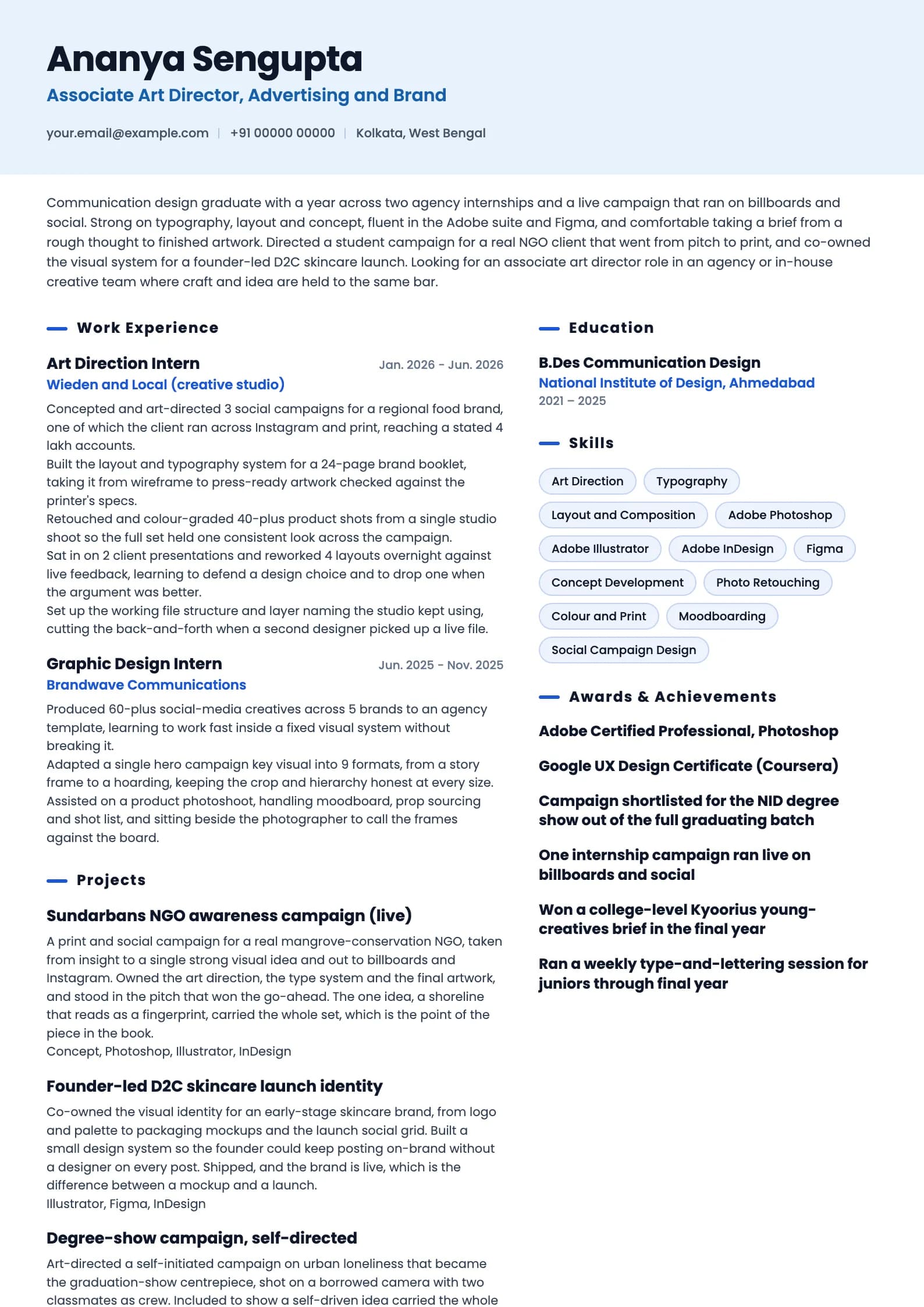 Art Director resume example for Entry (design graduate, 1 year), ai-era template, showing professional summary, work experience, projects, skills, education and certifications