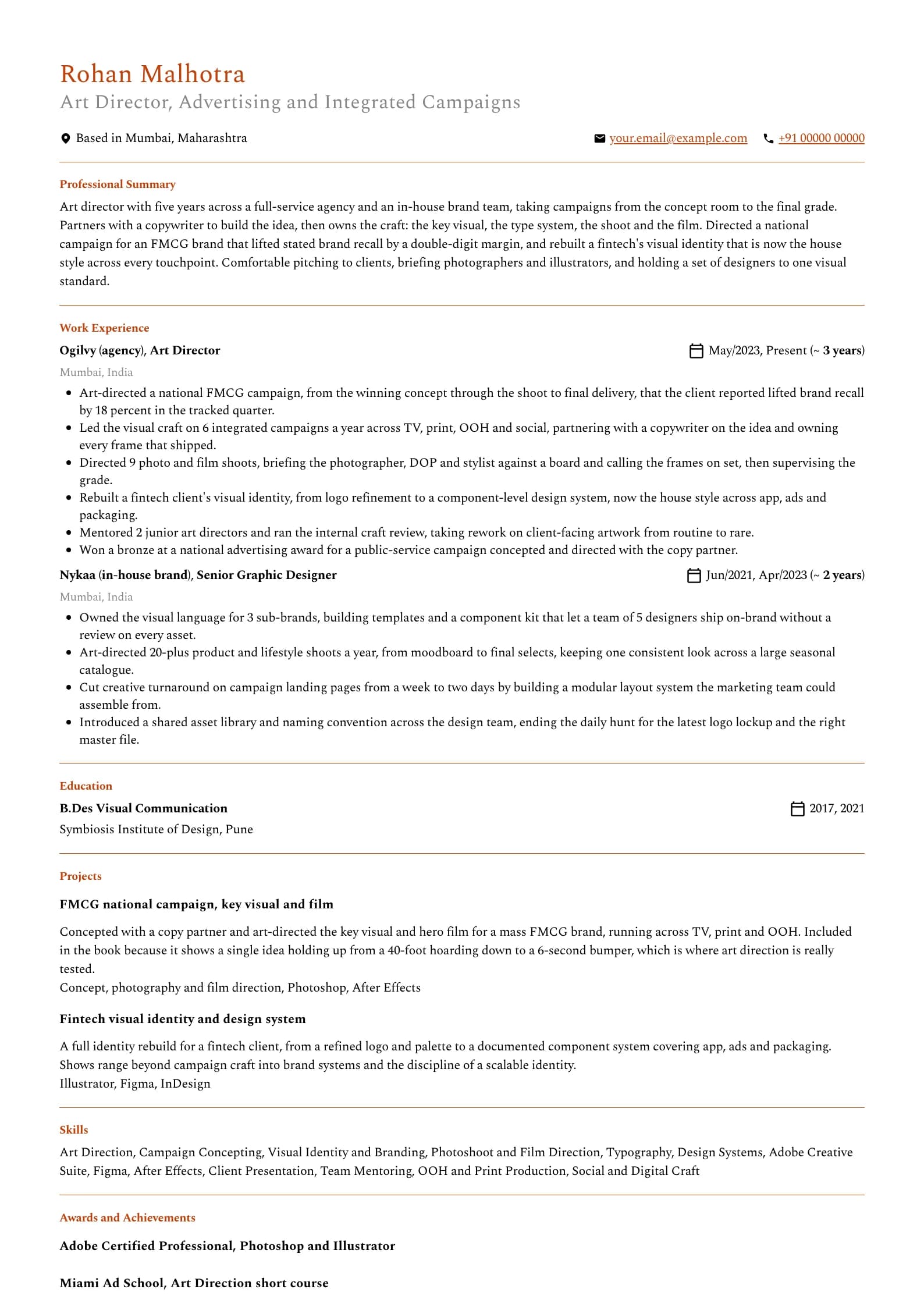Art Director resume example for Art Director (5 years), professional template, showing professional summary, work experience, projects, skills, education and certifications
