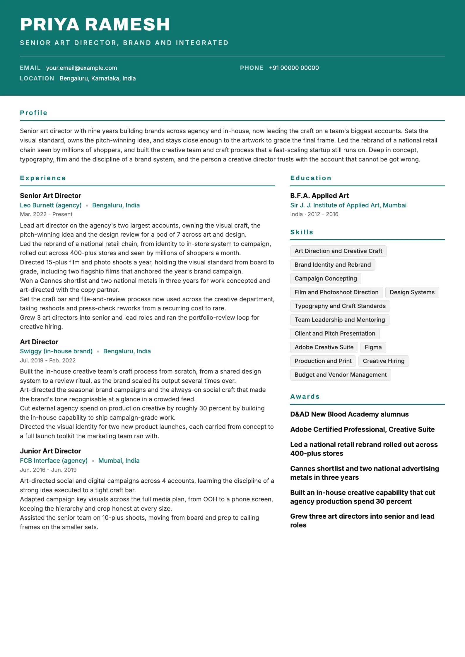 Art Director resume example for Senior Art Director (9 years), header-band template, showing professional summary, work experience, skills, education and certifications
