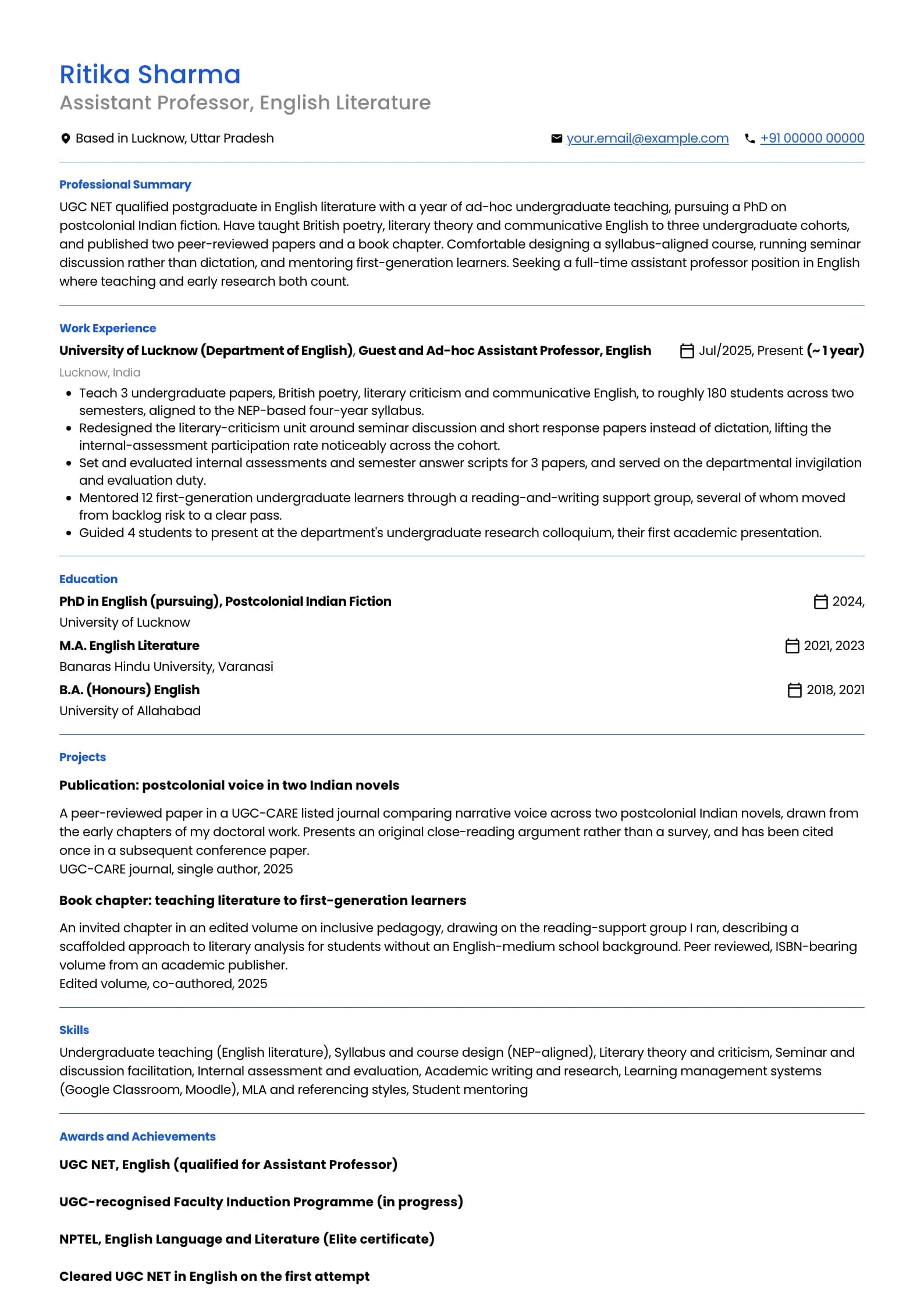 Assistant Professor resume example for Fresher (NET-qualified, 1 year ad-hoc), minimalist template, showing professional summary, work experience, projects, skills, education and certifications