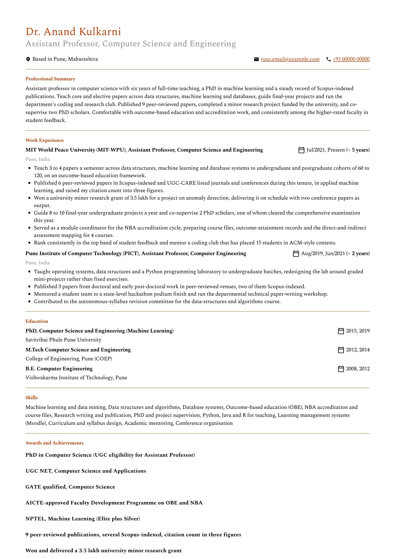 Assistant Professor resume example for Mid-career (6 years, PhD), professional template, showing professional summary, work experience, skills, education and certifications