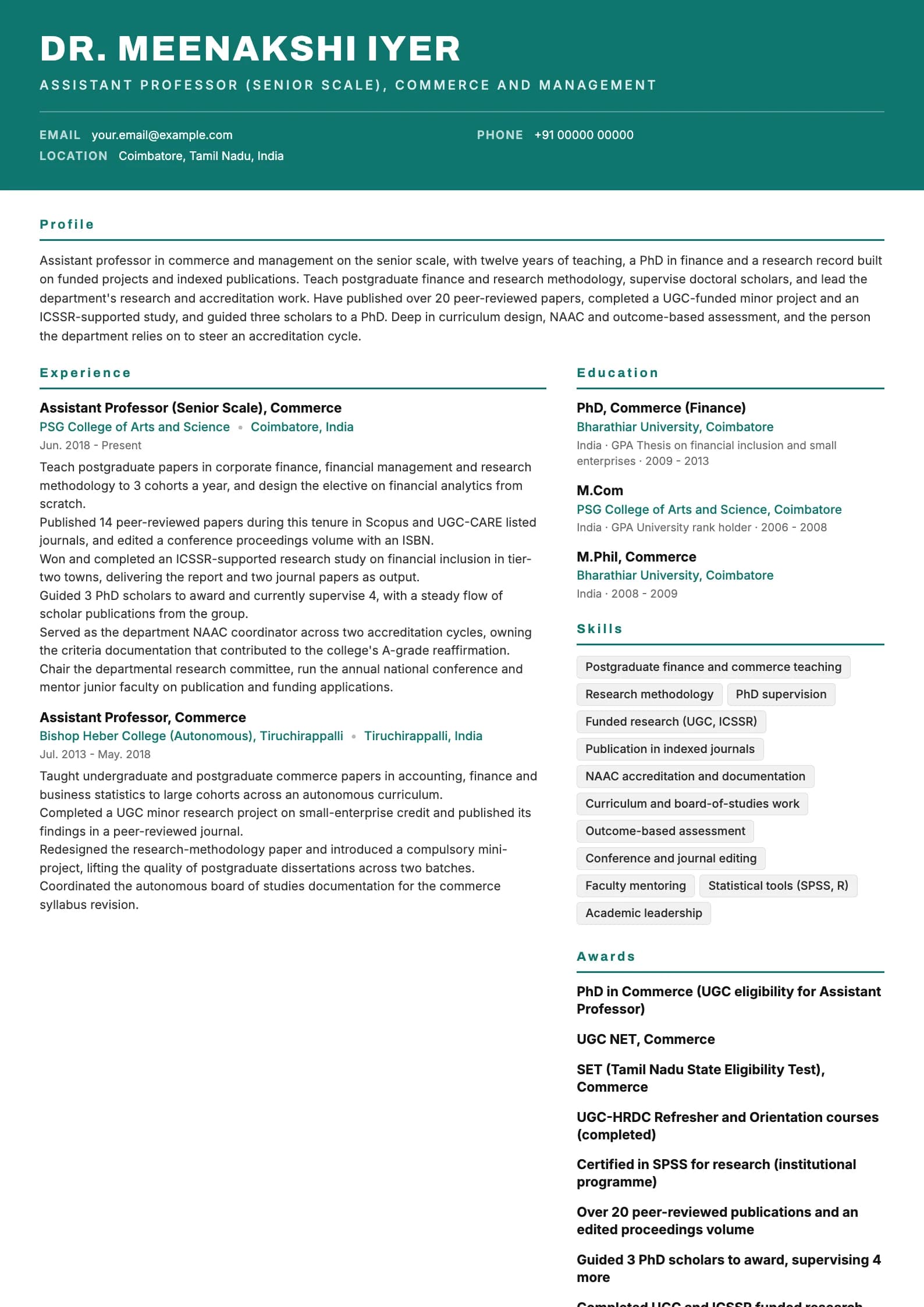 Assistant Professor resume example for Senior scale (12 years, PhD, funded projects), header-band template, showing professional summary, work experience, skills, education and certifications