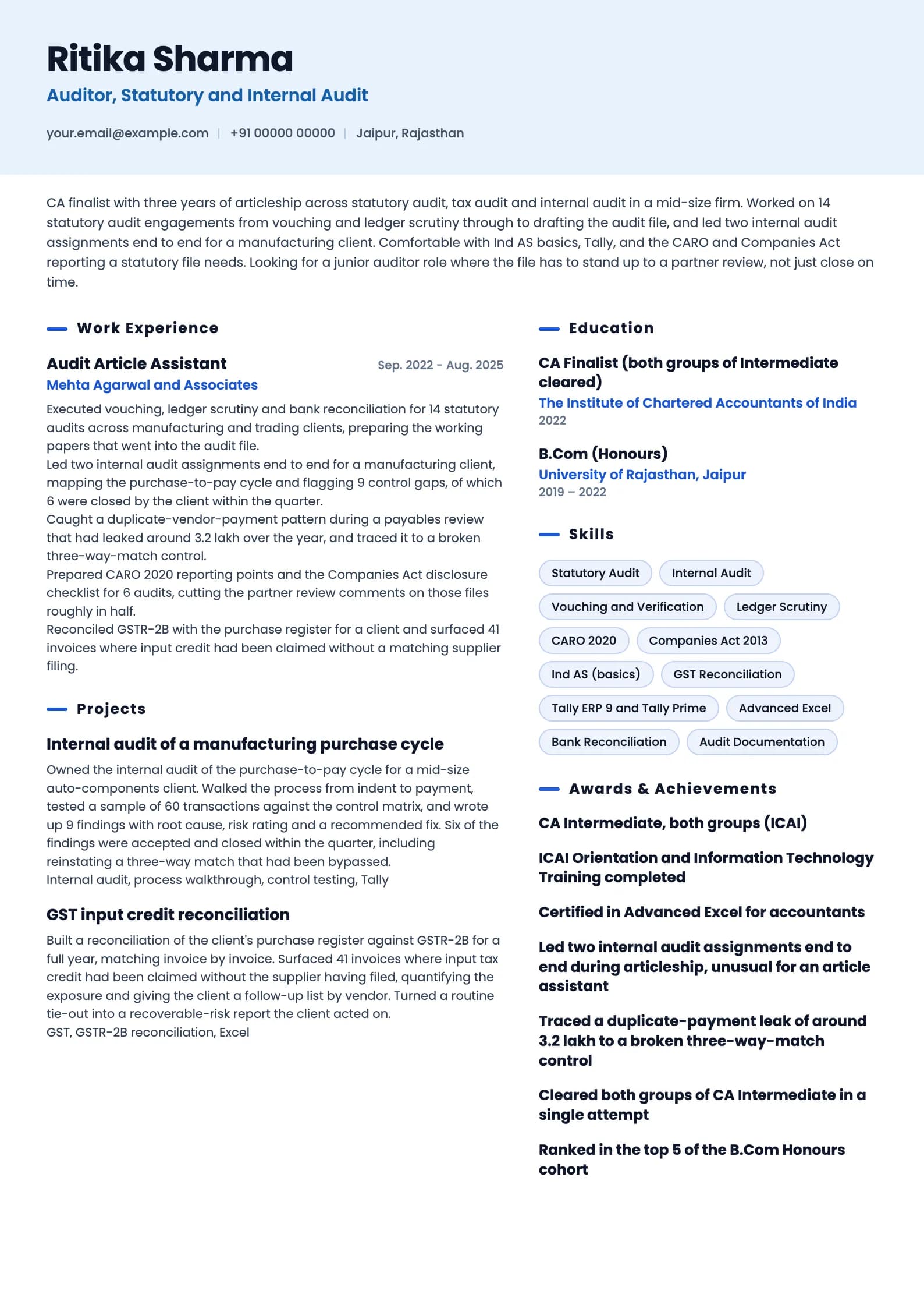 Auditor resume example for Article Assistant to Junior Auditor (0 to 1 years), ai-era template, showing professional summary, work experience, projects, skills, education and certifications