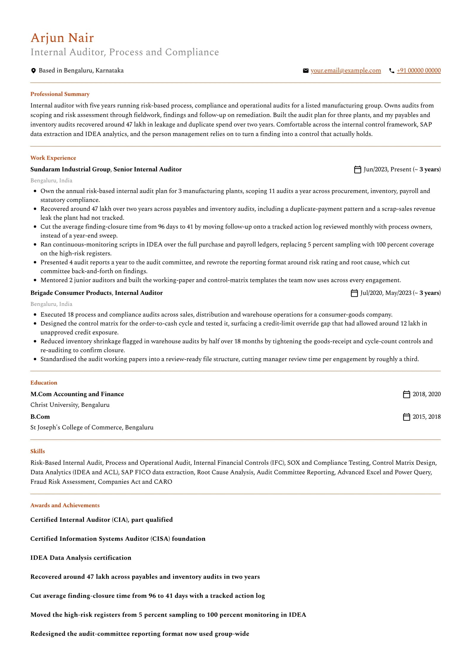 Auditor resume example for Internal Auditor (5 years), professional template, showing professional summary, work experience, skills, education and certifications