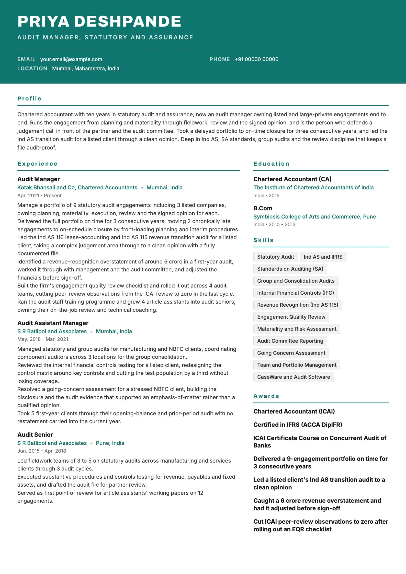 Auditor resume example for Audit Manager (10 years), header-band template, showing professional summary, work experience, skills, education and certifications