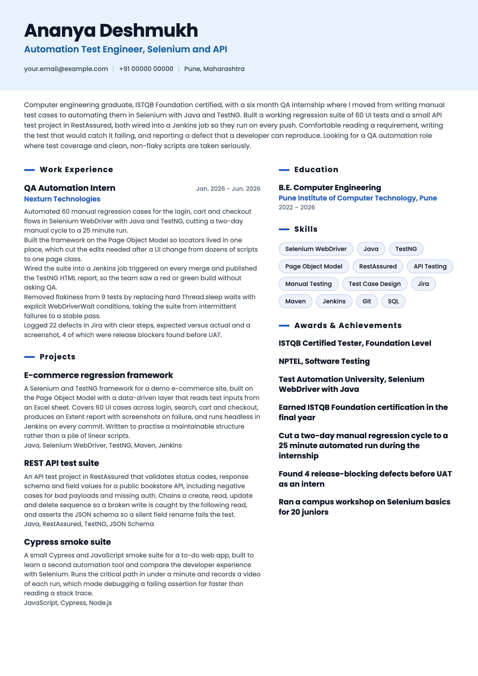 Automation Test Engineer resume example for Fresher (0 to 1 year), ai-era template, showing professional summary, work experience, projects, skills, education and certifications