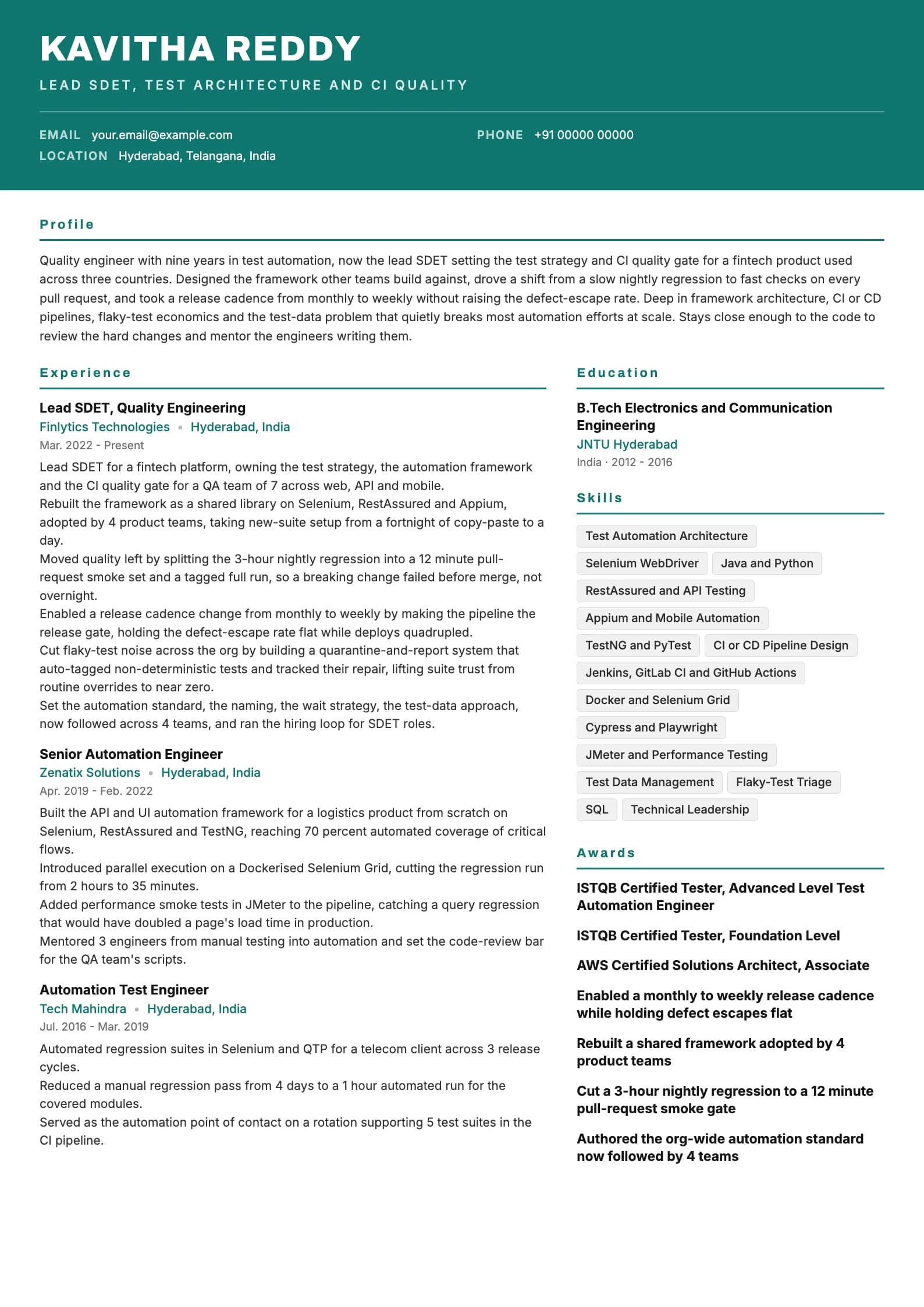 Automation Test Engineer resume example for Lead (9 years), header-band template, showing professional summary, work experience, skills, education and certifications