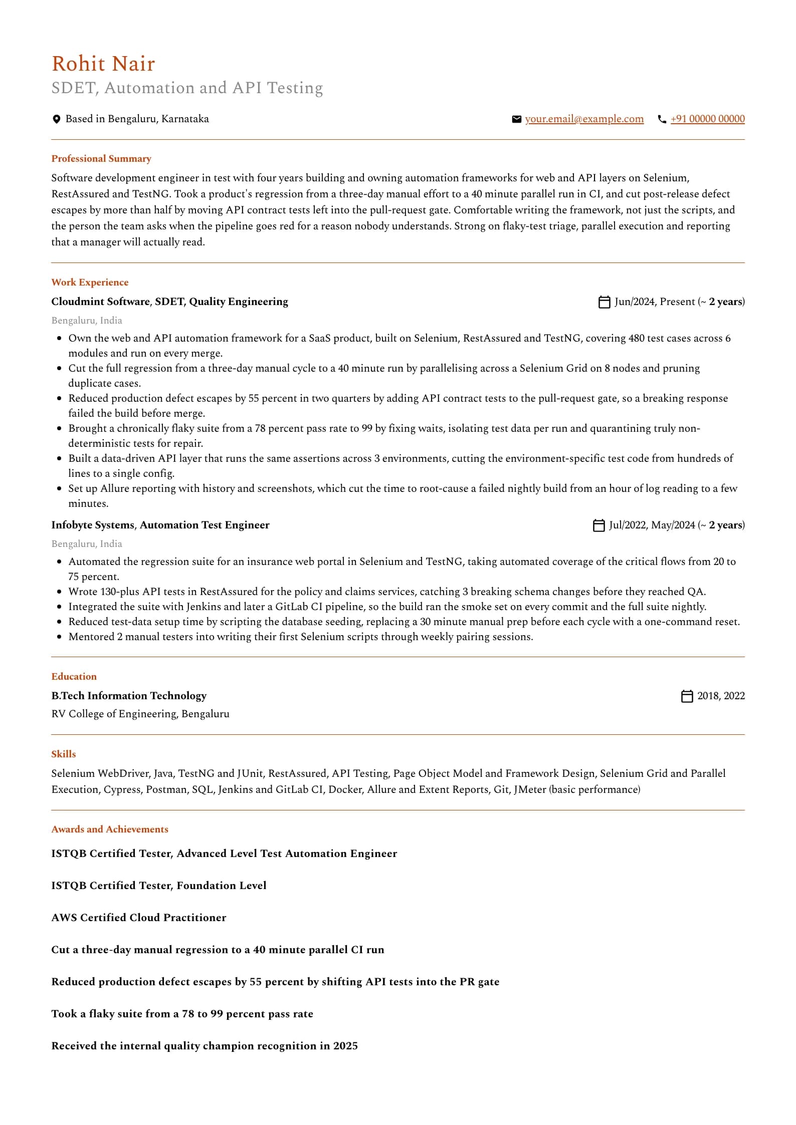Automation Test Engineer resume example for Mid-level (4 years), professional template, showing professional summary, work experience, skills, education and certifications