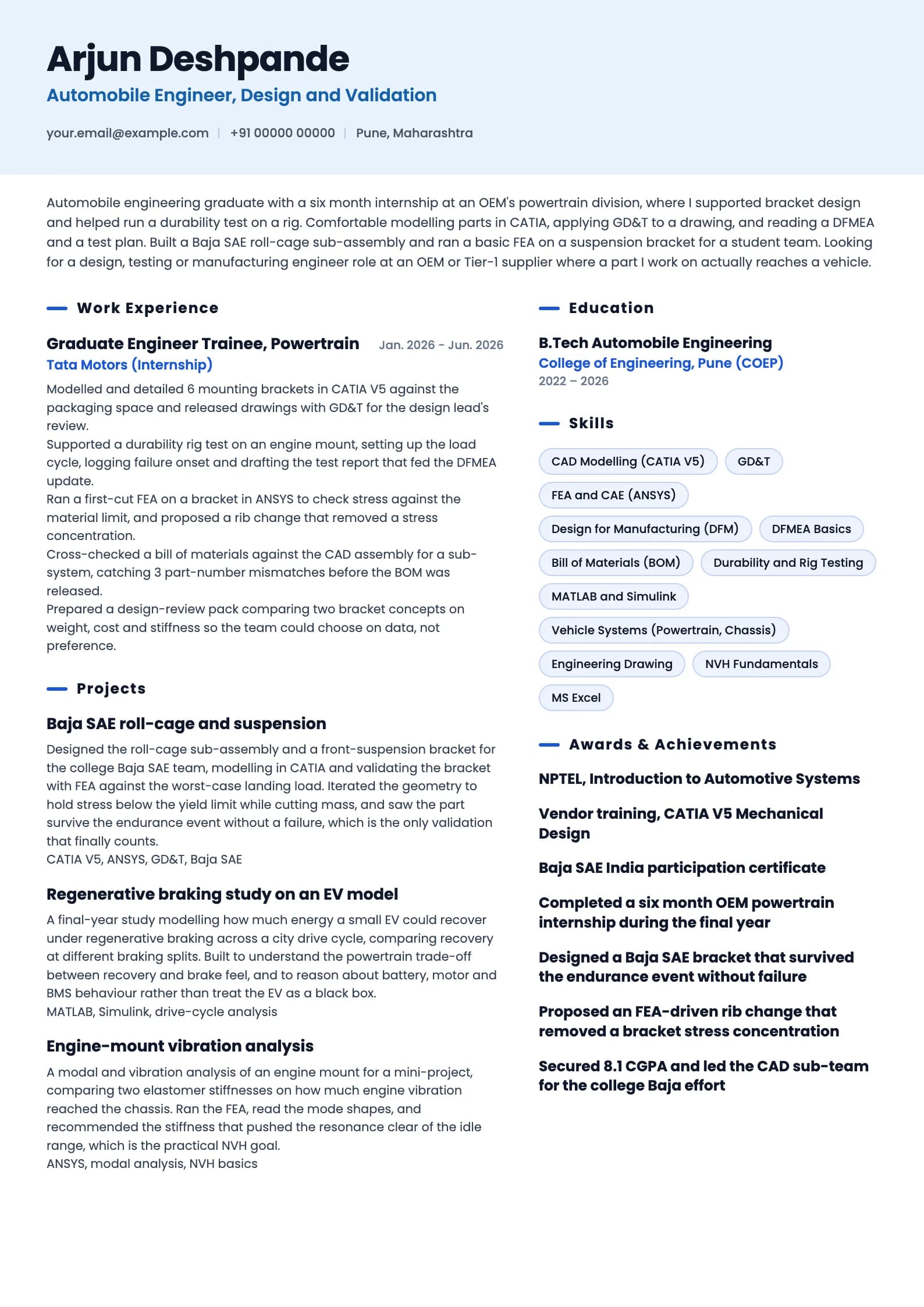 Automobile Engineer resume example for Fresher (0 years), ai-era template, showing professional summary, work experience, projects, skills, education and certifications