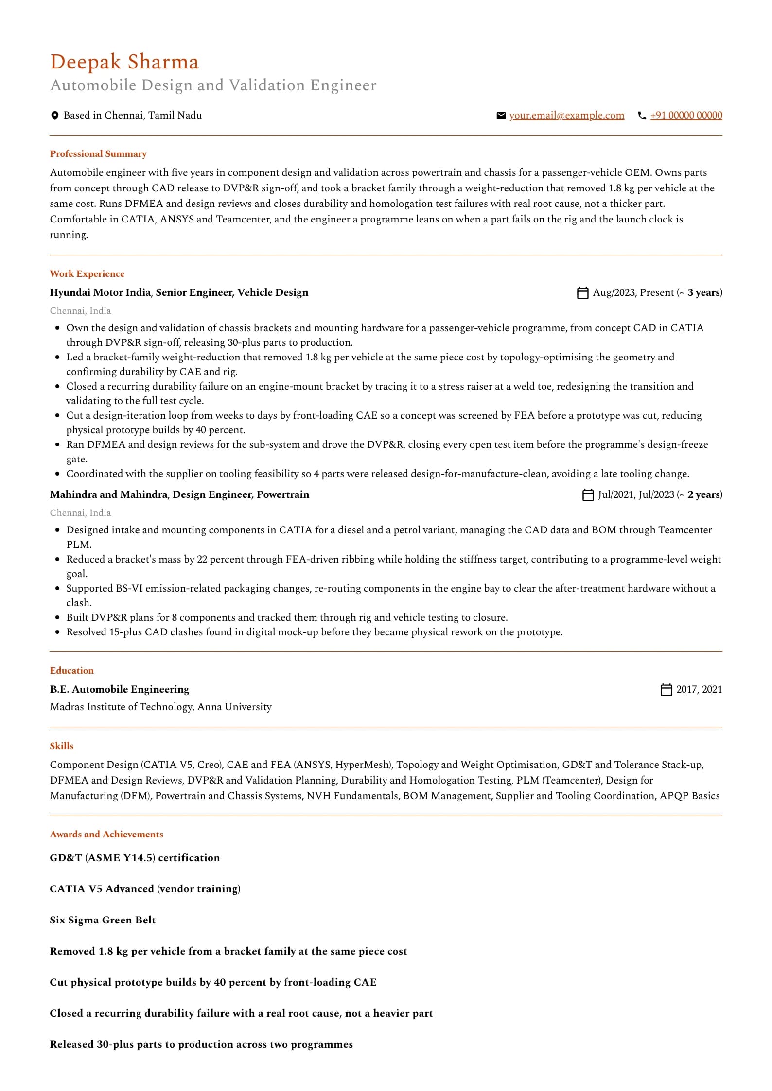 Automobile Engineer resume example for Design and validation engineer (5 years), professional template, showing professional summary, work experience, skills, education and certifications