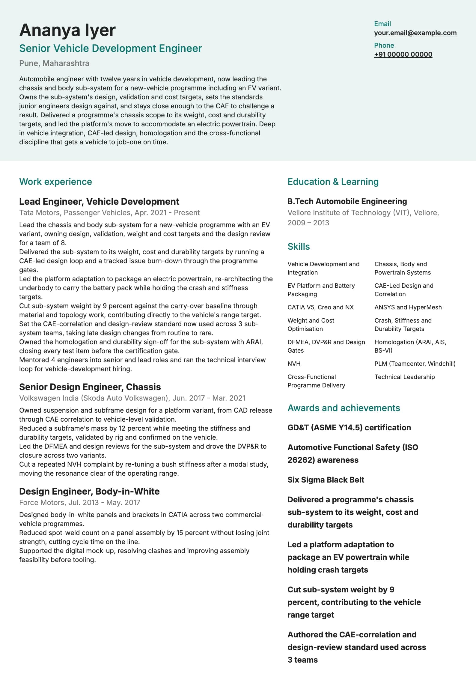 Automobile Engineer resume example for Senior engineer (12 years), modern template, showing professional summary, work experience, skills, education and certifications