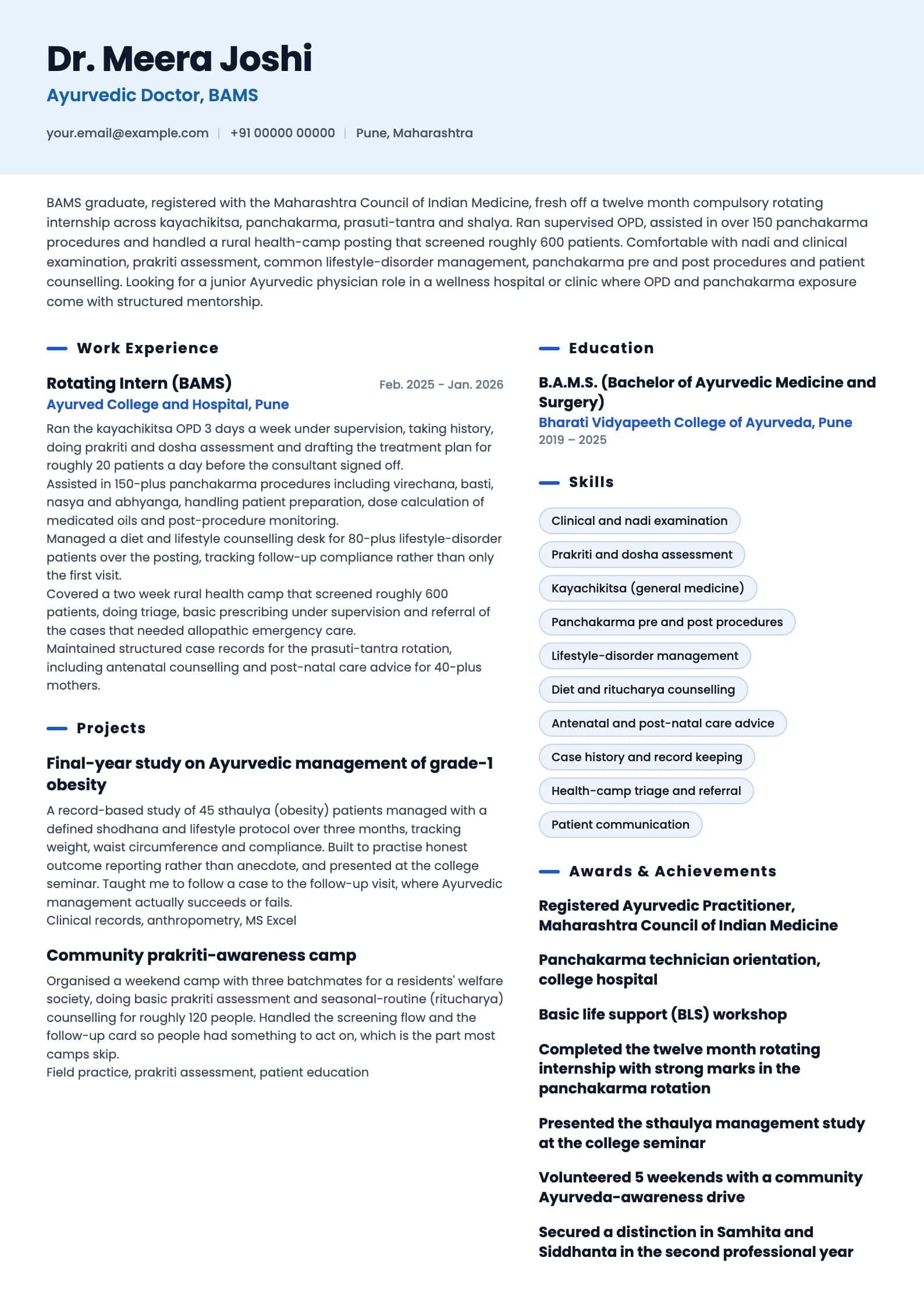 Ayurvedic Doctor resume example for Fresher (0 years), ai-era template, showing professional summary, work experience, projects, skills, education and certifications