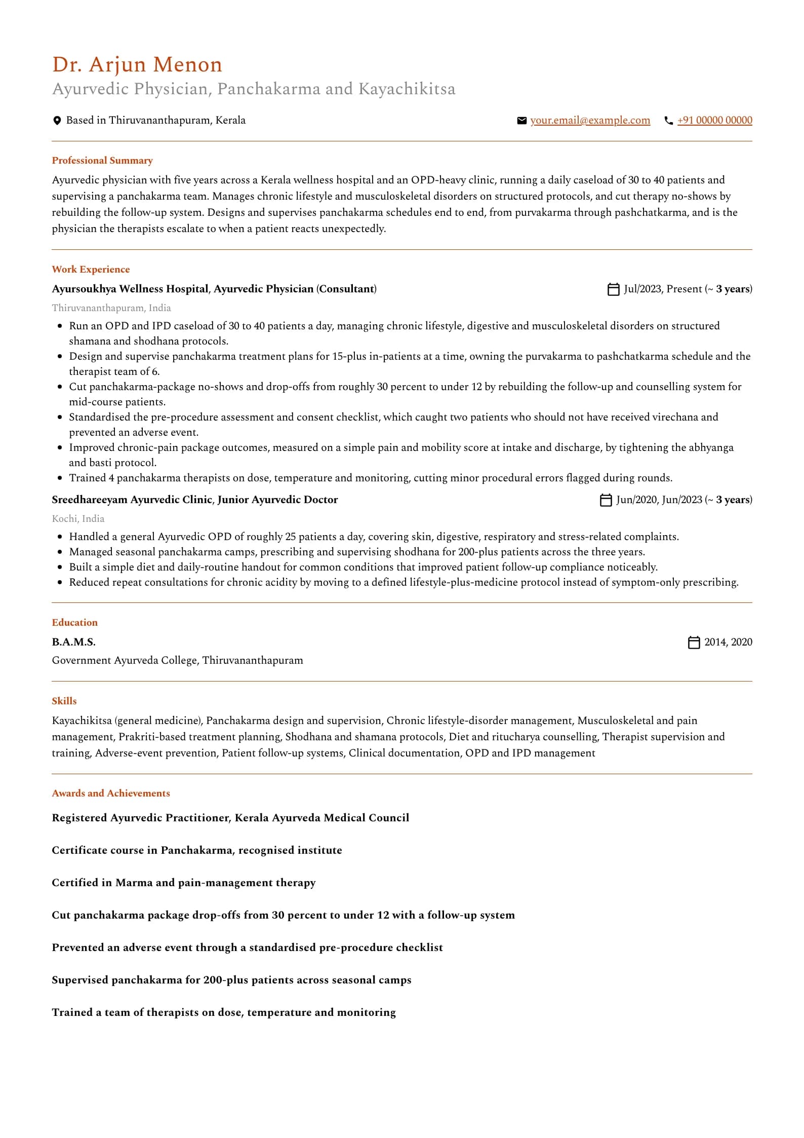 Ayurvedic Doctor resume example for Mid-level (5 years), professional template, showing professional summary, work experience, skills, education and certifications
