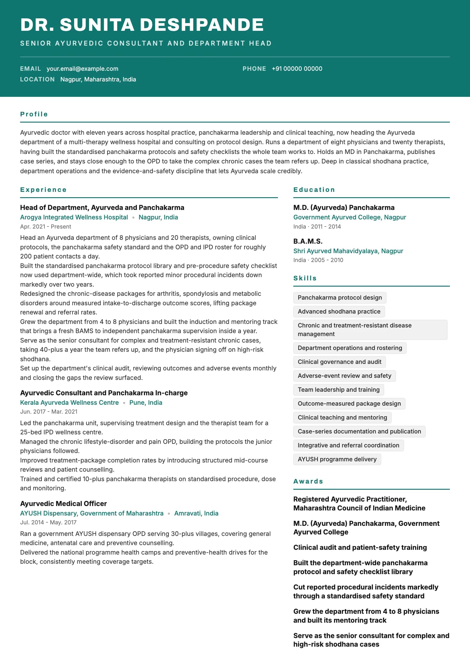 Ayurvedic Doctor resume example for Senior (11 years), header-band template, showing professional summary, work experience, skills, education and certifications